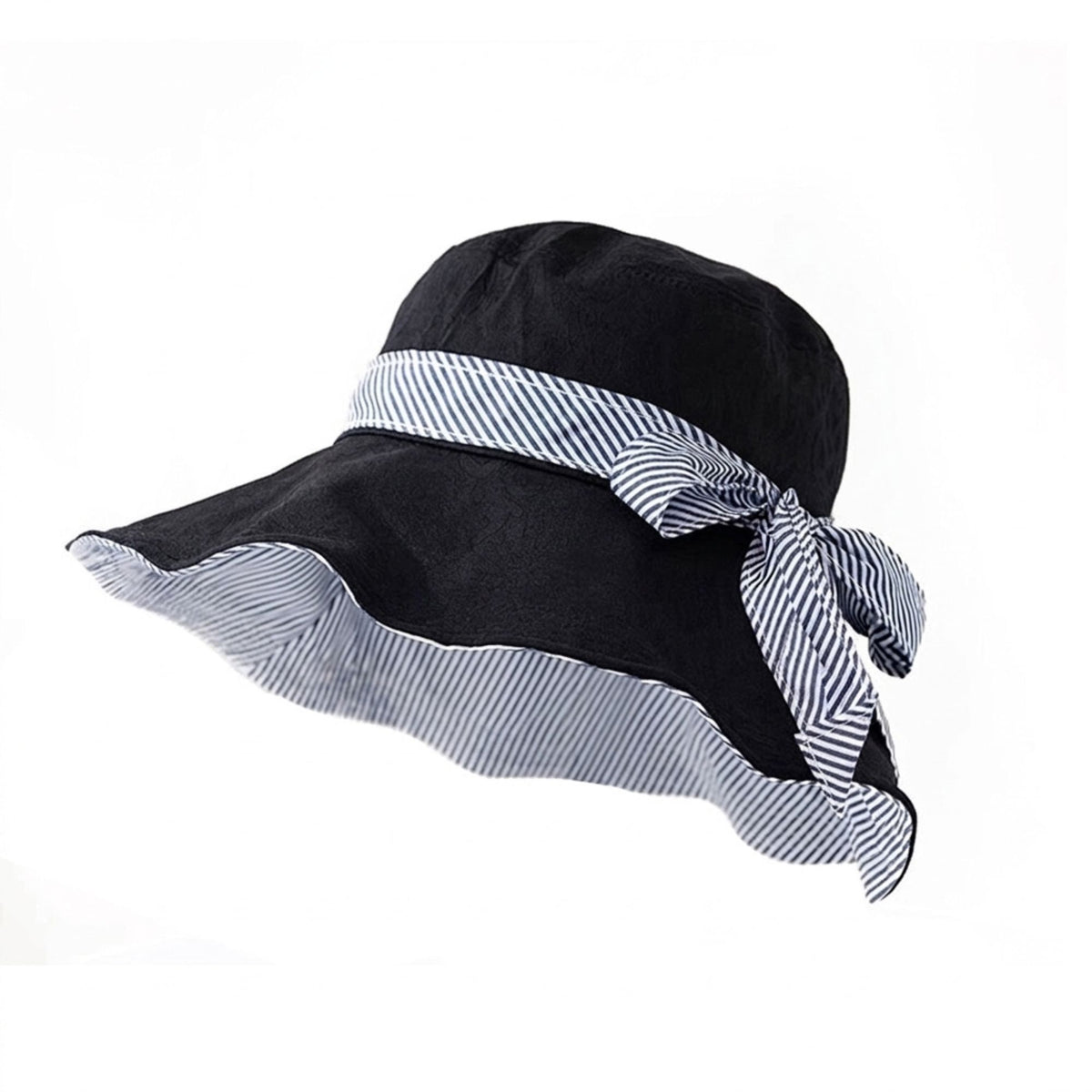 Blue women's sun hat with striped and bow
