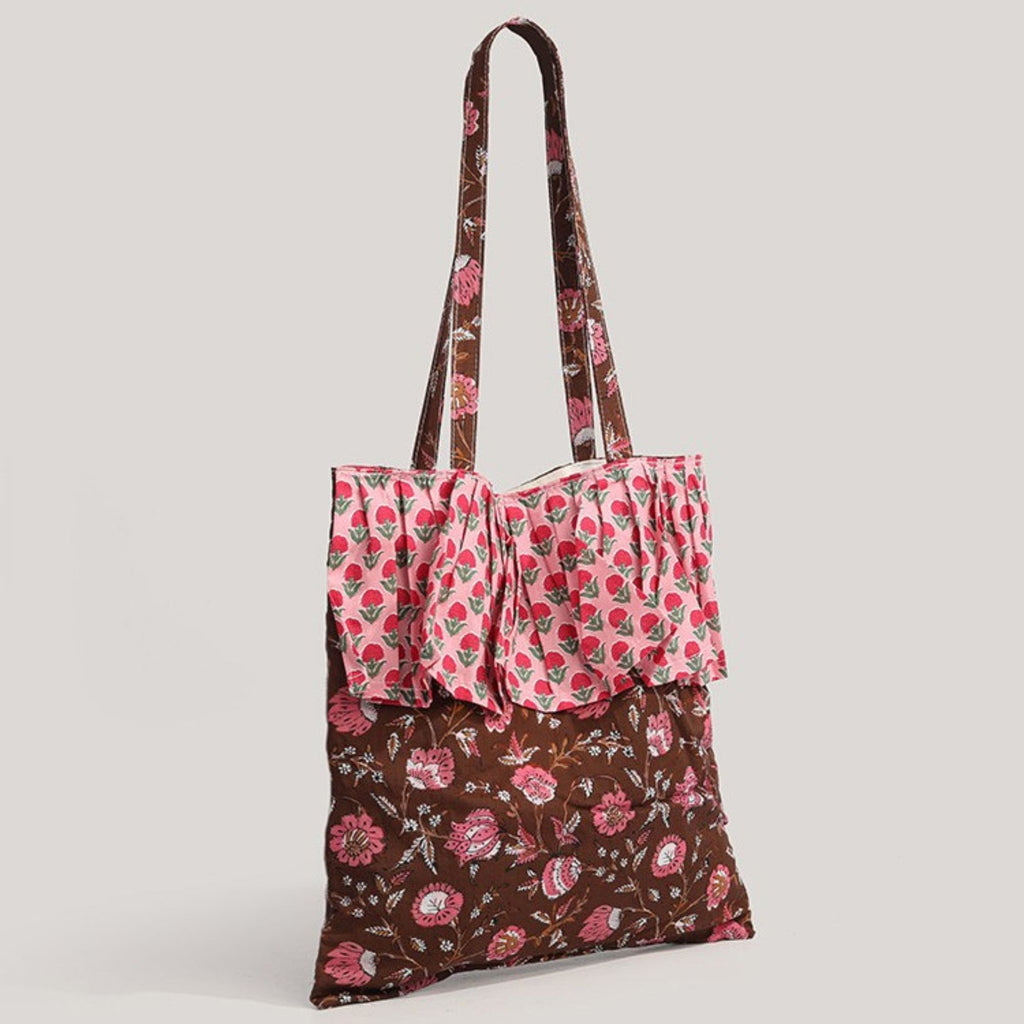 Vintage Floral Print Canvas Tote Bag Ruffled Edge Shoulder Bag Cottagecore Casual Everyday Shopper