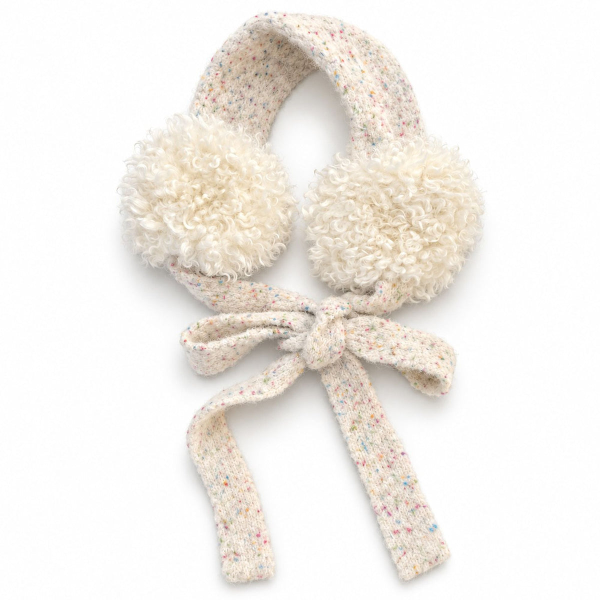 Curly Plush Winter Earmuffs with Speckled Knit Ties