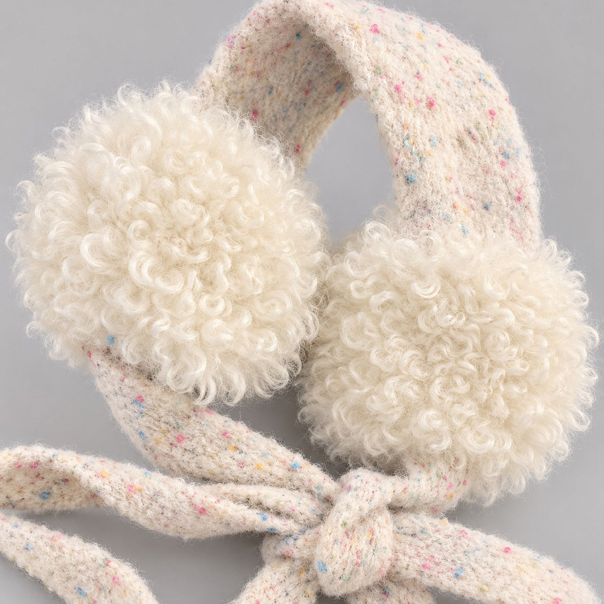 Curly Plush Winter Earmuffs with Speckled Knit Ties