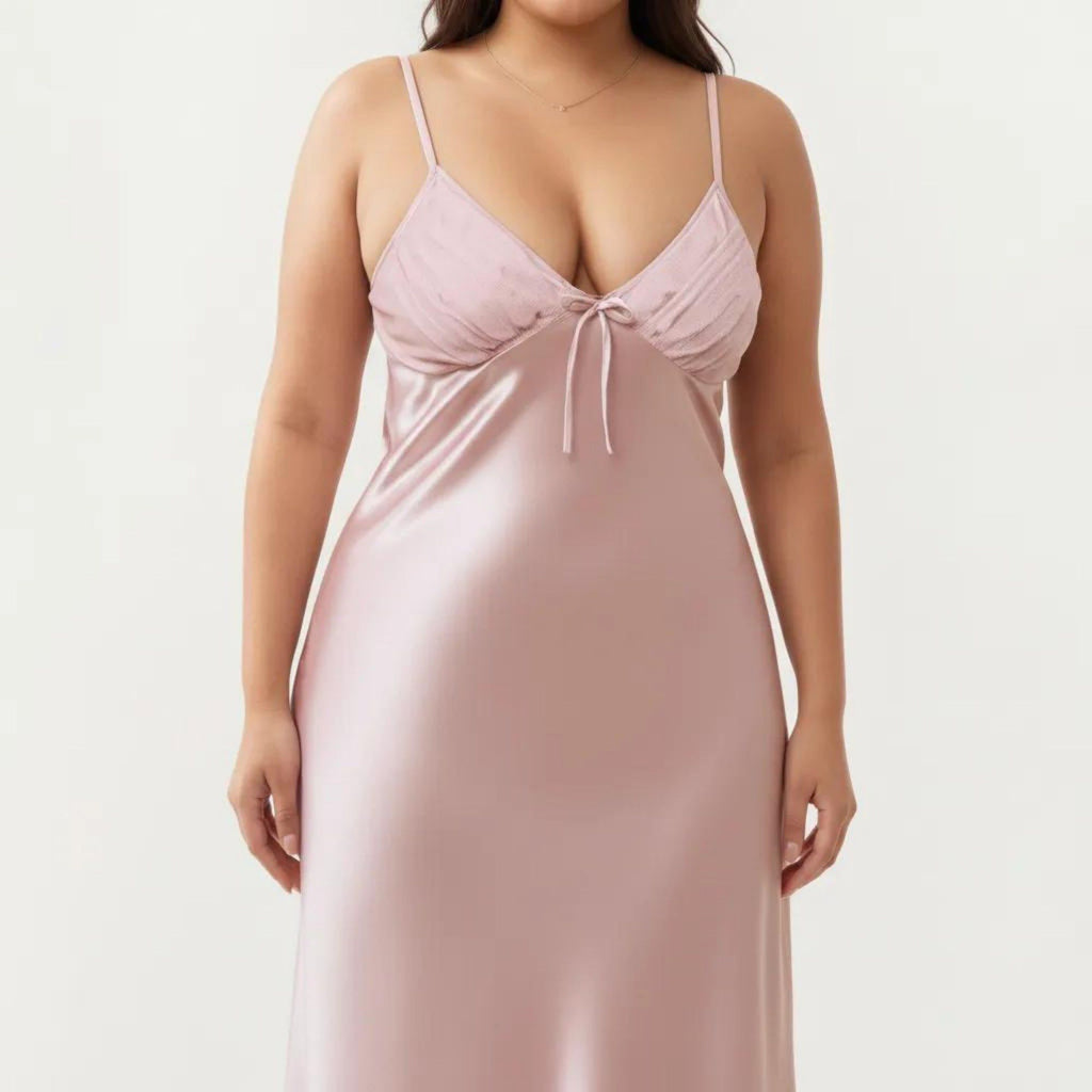 Anna-Kaci Lounge Women's Plus Size Satin Chemise Nightgown with Lace Trim Neckline Adjustable Straps Side Slit Slip Dress