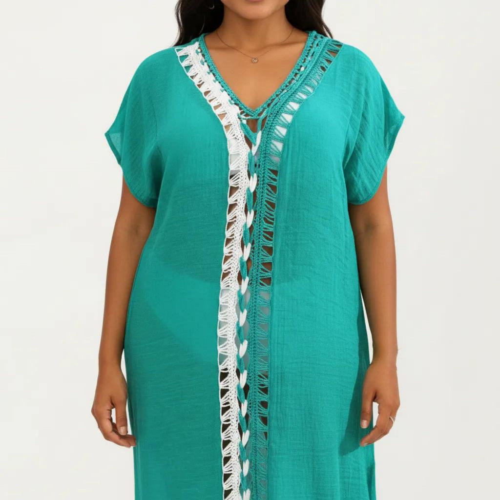 Anna-Kaci Women's Maxi Swim Cover Up Dress with Crochet Trim V Neck Short Sleeves Relaxed Lightweight Fit