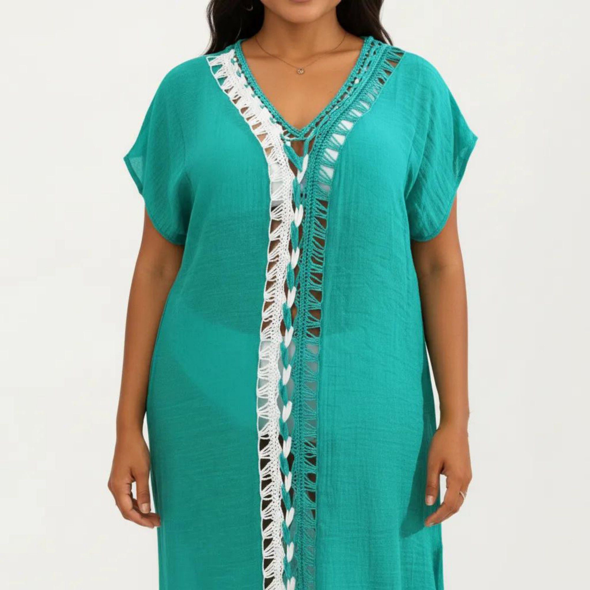 Anna-Kaci Women's Maxi Swim Cover Up Dress with Crochet Trim V Neck Short Sleeves Relaxed Lightweight Fit