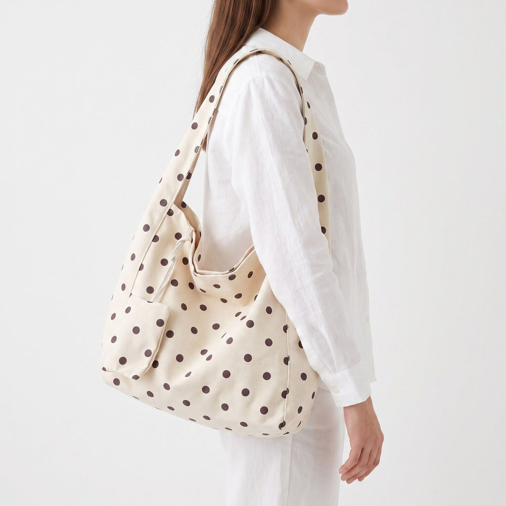 Polka Dot Hobo Tote Bag with Wide Shoulder Strap and Matching Pouch 12.5x13x5.5in