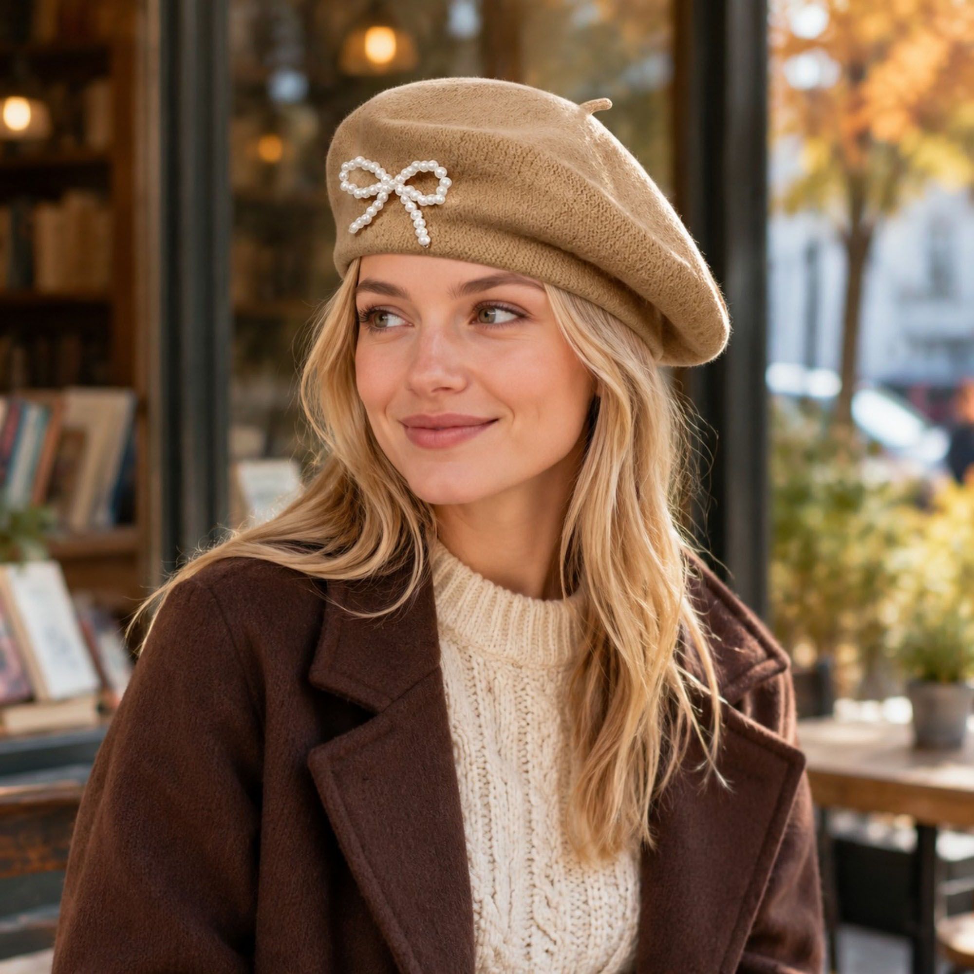 Pearl Bow Embellished Knit Wool Beret