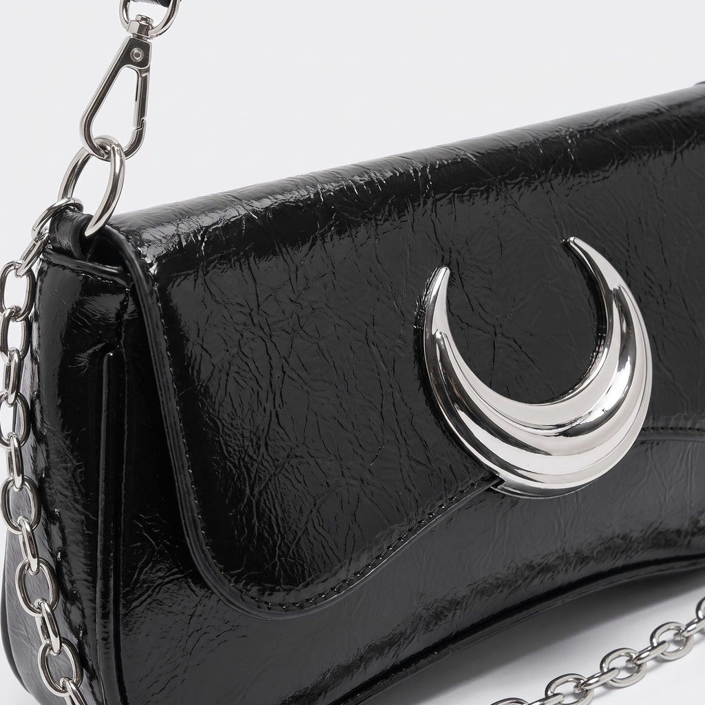 Glossy Crescent Accent Flap Shoulder Bag with Chain Detail