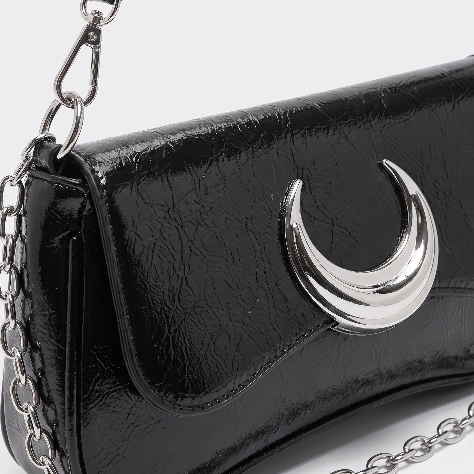 Glossy Crescent Accent Flap Shoulder Bag with Chain Detail