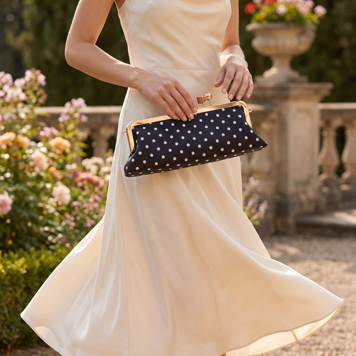 Polka Dot Satin Metal Frame Clasp Shoulder Bag Evening Clutch