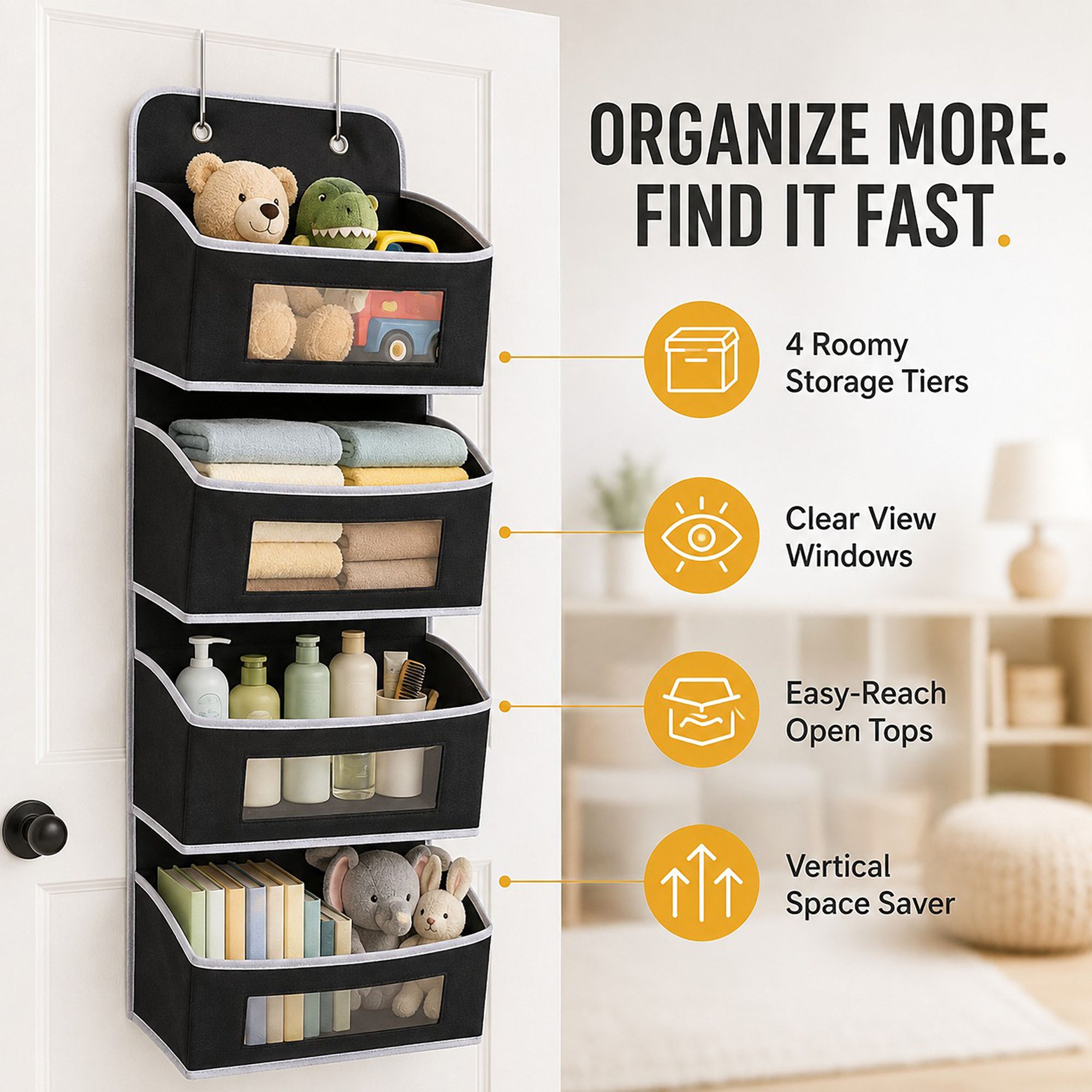 4 Tier Hanging Storage Organizer with Clear Window Pockets for Door Wall or Closet
