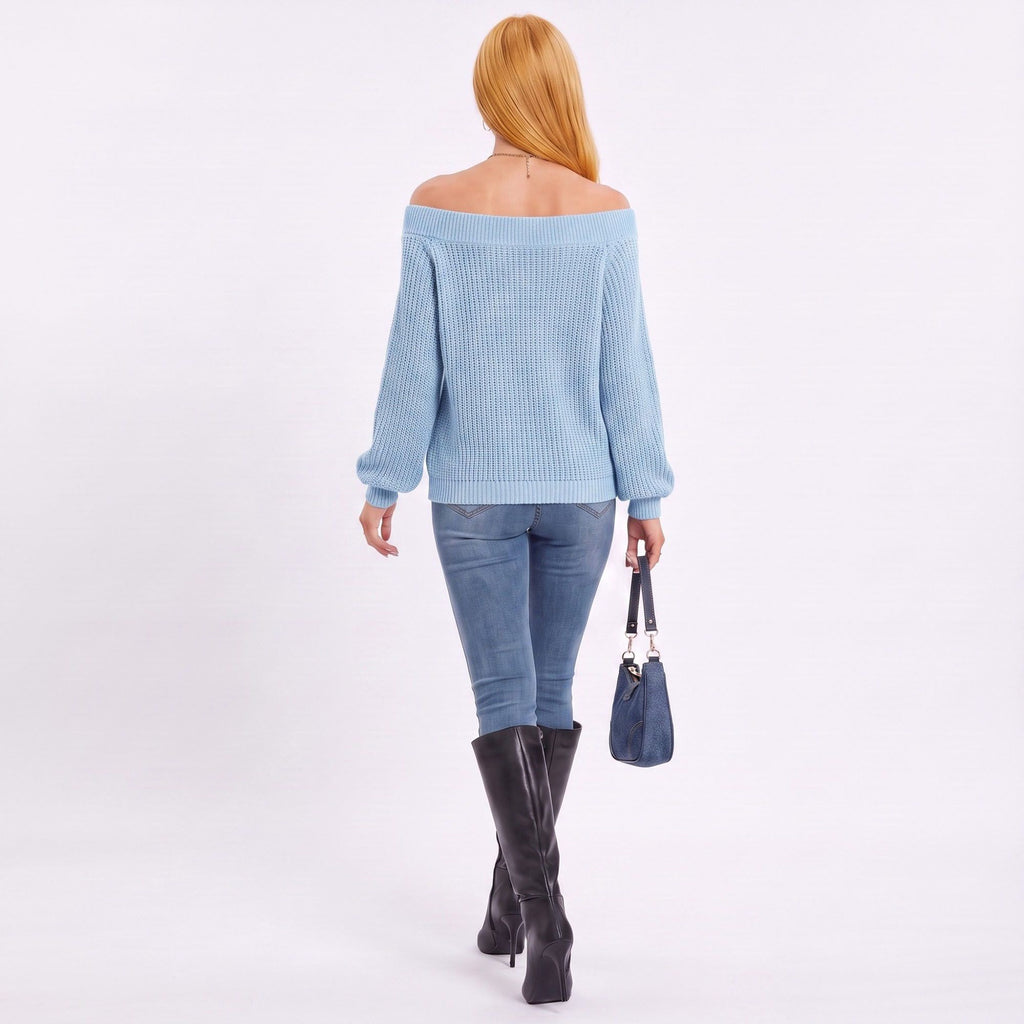Off Shoulder Pointelle Knit Long Sleeve Sweater