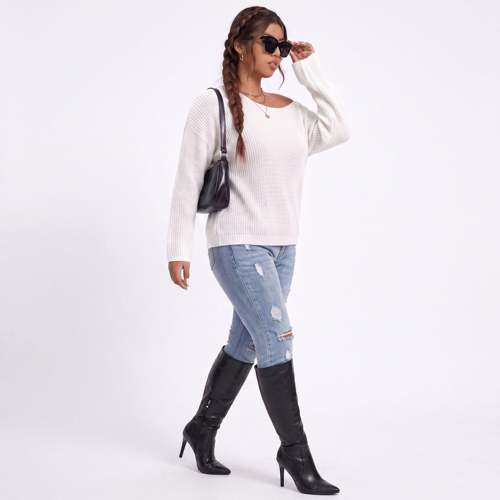 Plus Size Scoop Neck Relaxed Fit Knit Sweater
