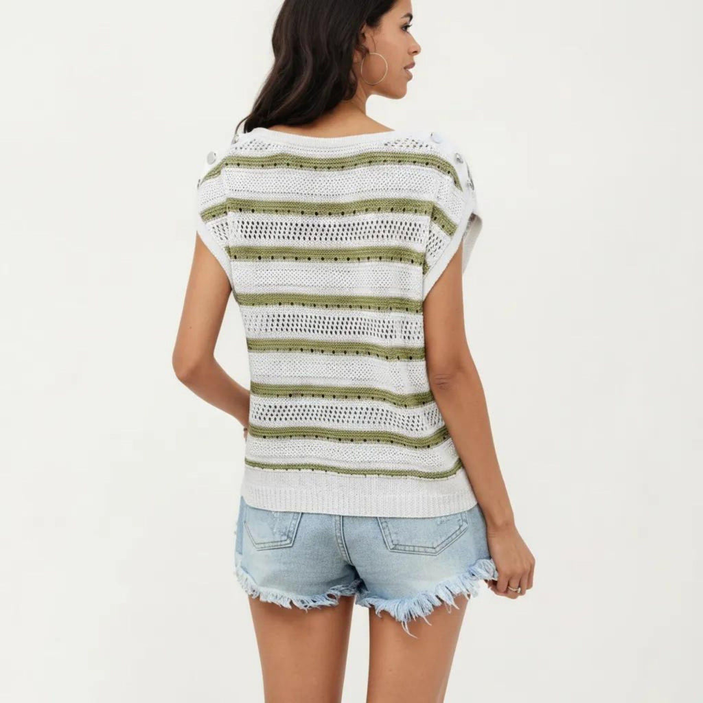 Anna-Kaci Women's Short Sleeve Striped Open Knit Top with Button Shoulder Detail and Relaxed Fit