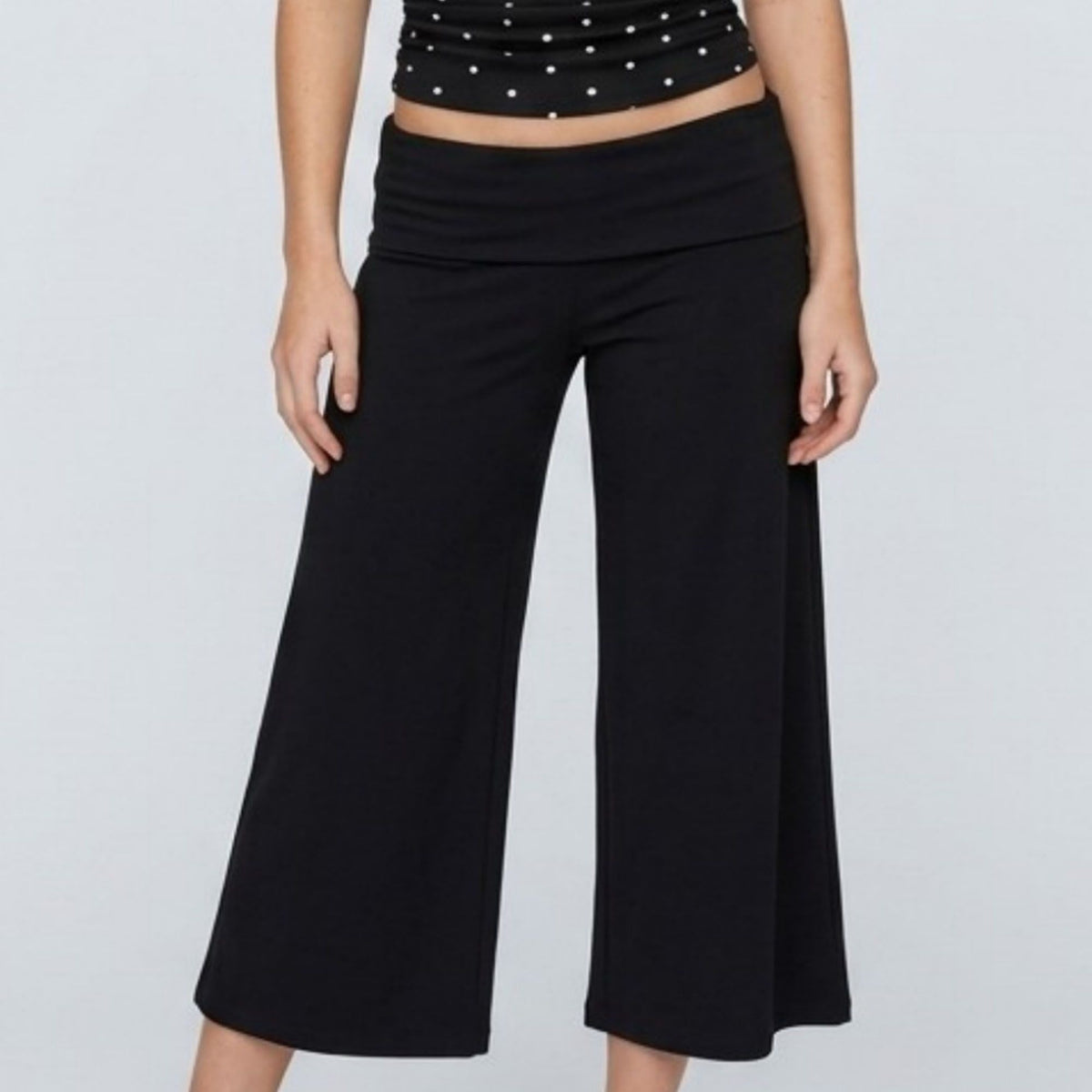 Foldover Waistband Cropped Wide-Leg Trousers