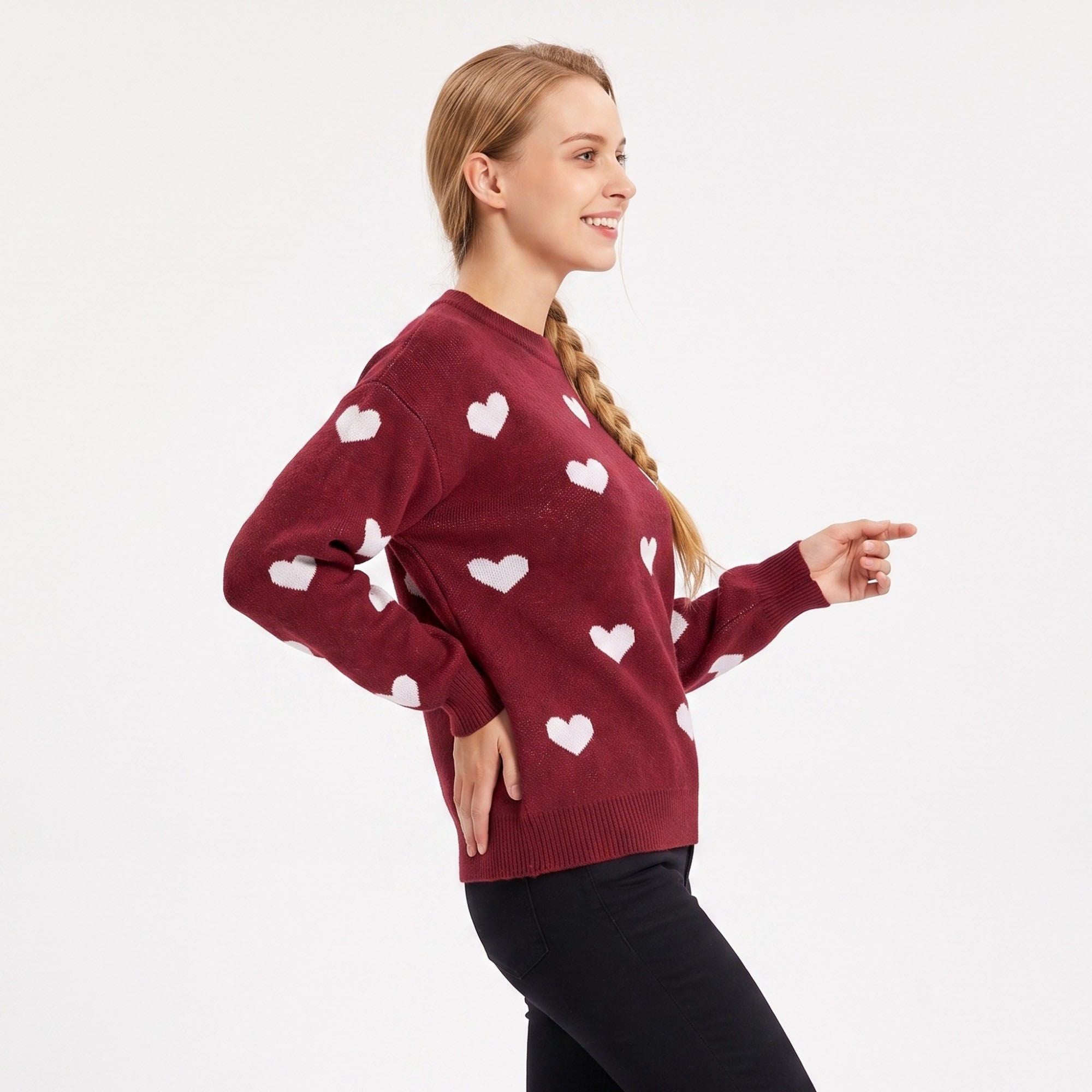 Heart Print Crew Neck Long Sleeve Knit Sweater