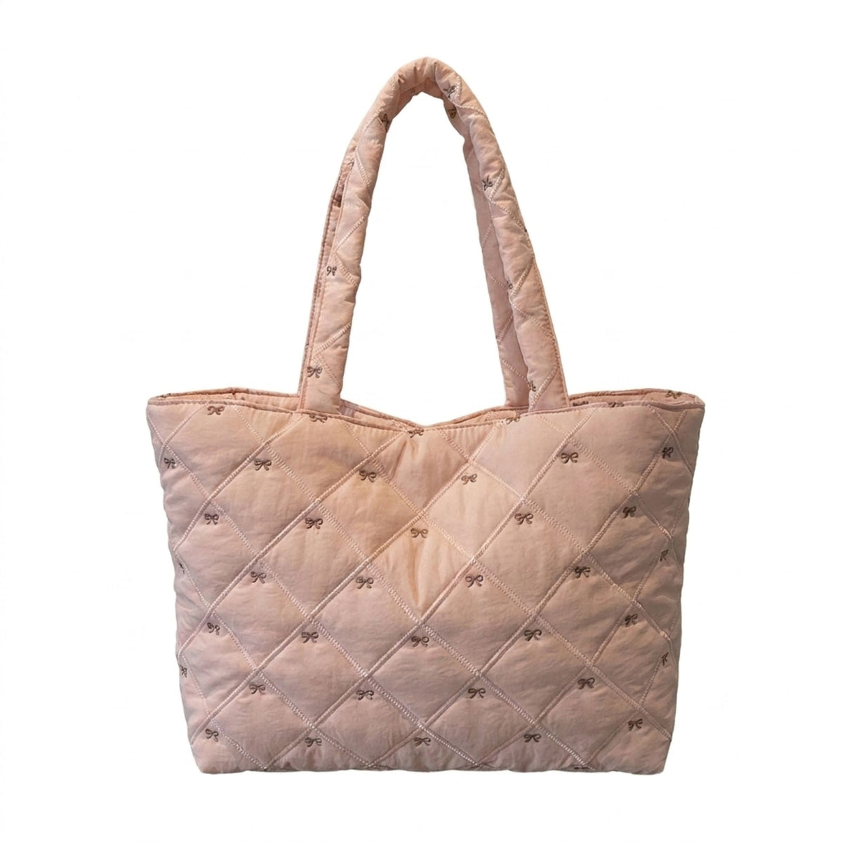 Quilted Tote Bag Large Capacity Shoulder Bag with Bow Embroidery and Magnetic Closure
