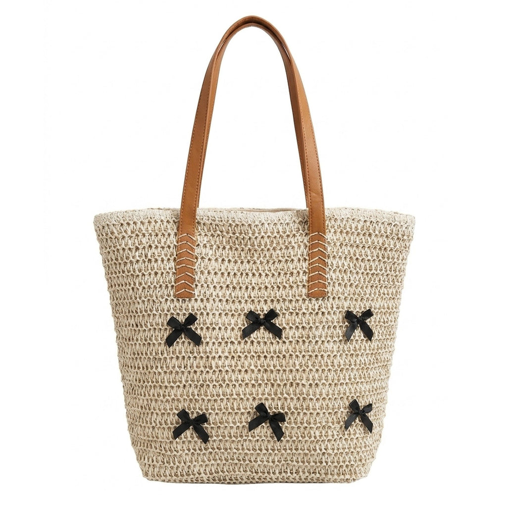 Woven Crochet Tote Bag with Bow Detail Leather Strap Shoulder Handbag Lightweight Knit Large Tote