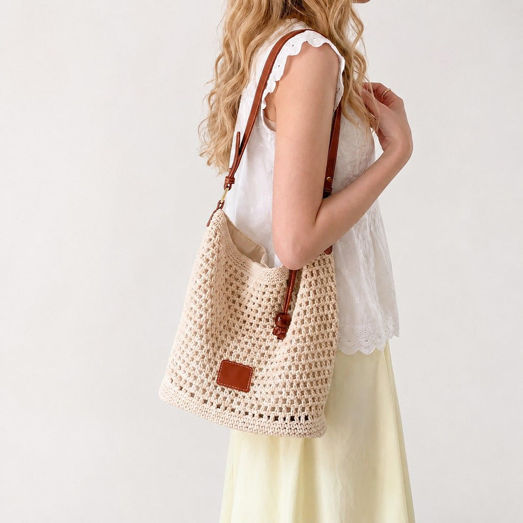 Crochet Woven Shoulder Bag Lightweight Crossbody Handbag with Contrast Trim