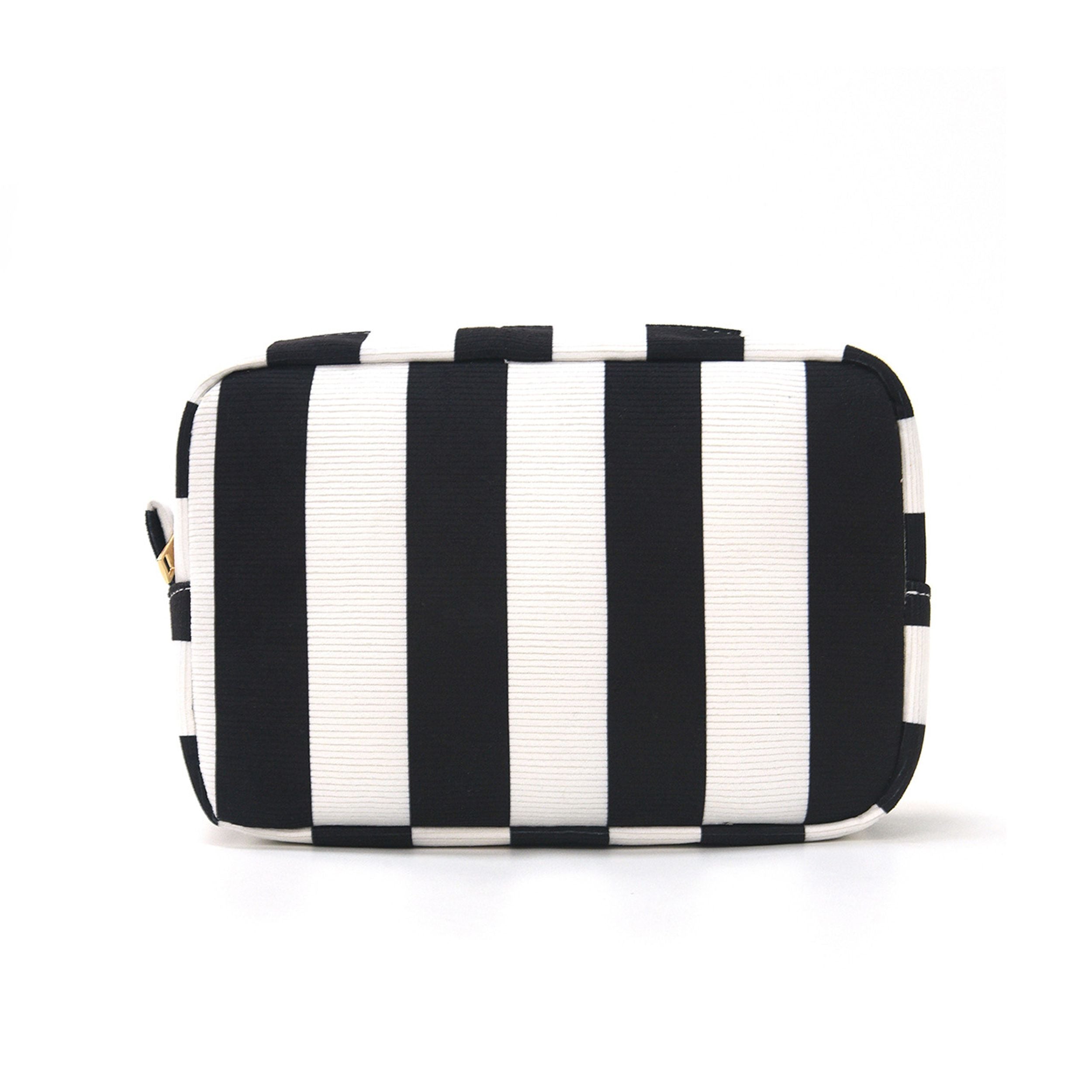 Striped Corduroy Cosmetic Pouch Makeup Bag with Zip Closure