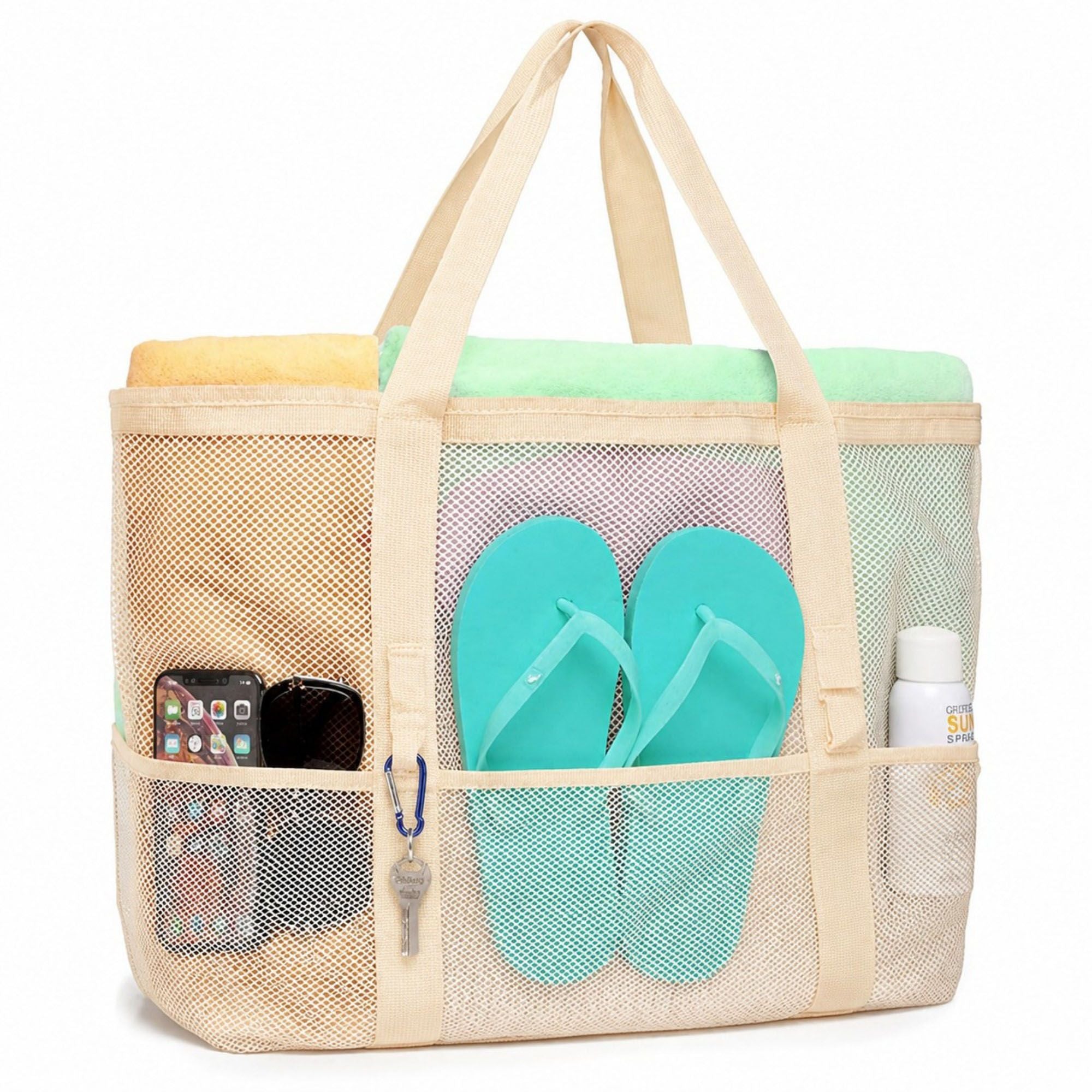 Mesh Beach Tote Bag Large Capacity Travel Shoulder Bag with Exterior Pockets Zipper Top Organizer