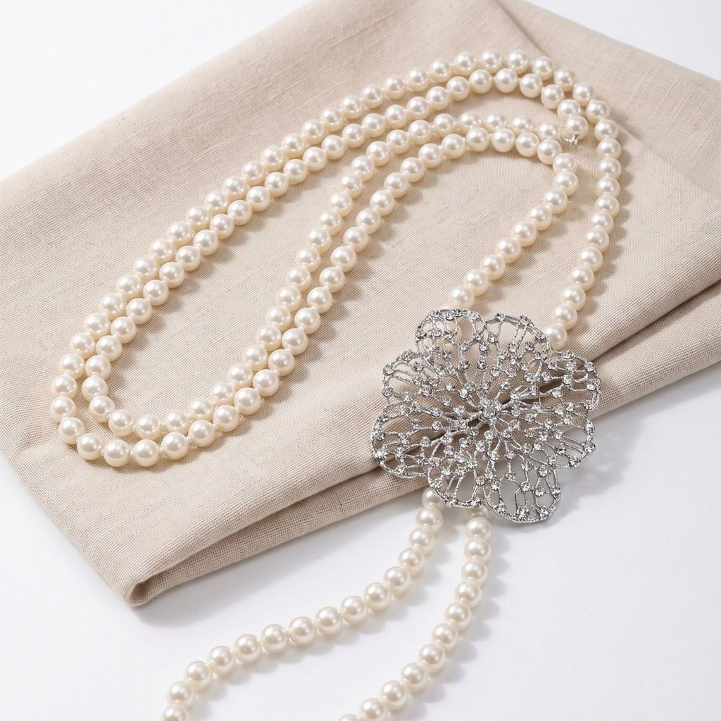 Filigree Crystal Flower Pearl Waist Chain Adjustable Elegant Body Belt Luxury Floral Waist Jewelry 47.2in