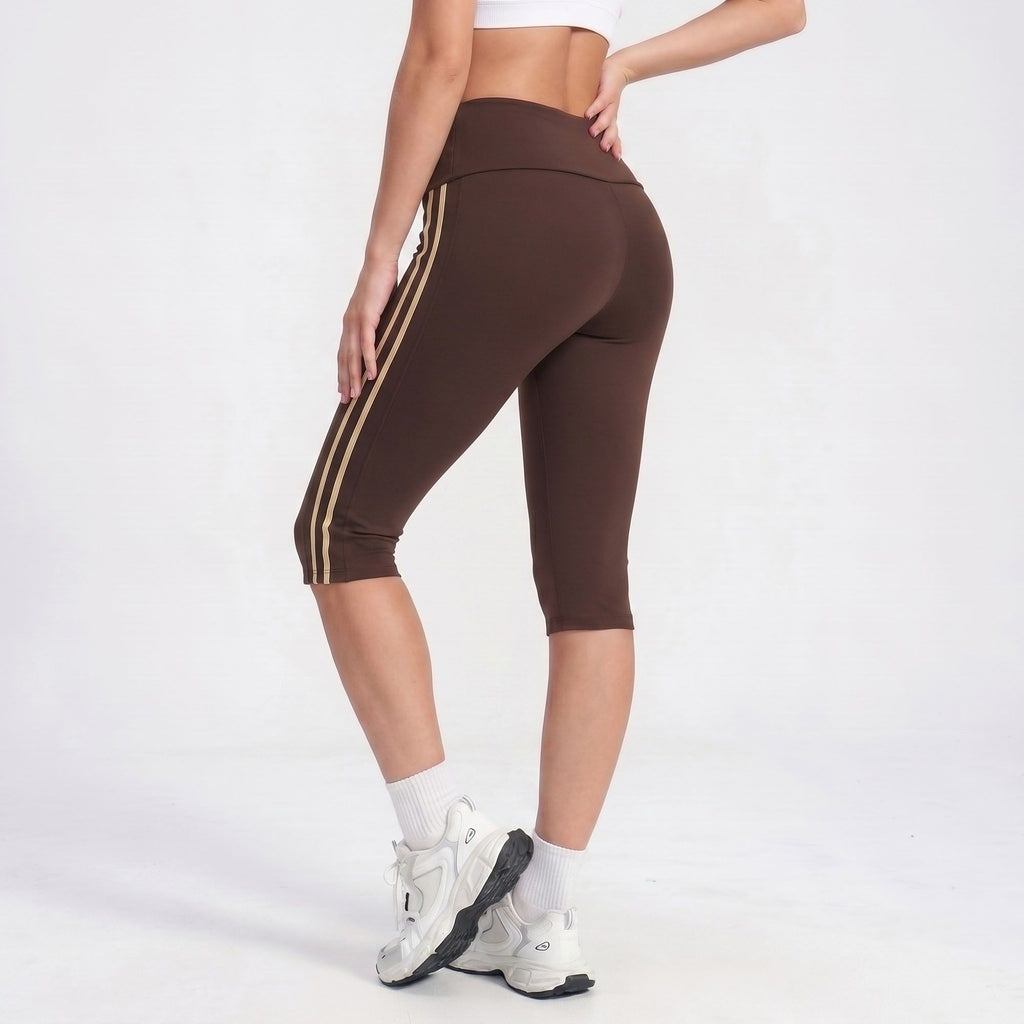 High Waist Side Stripe Capri Leggings Wide Waistband Cropped Workout Yoga Pants