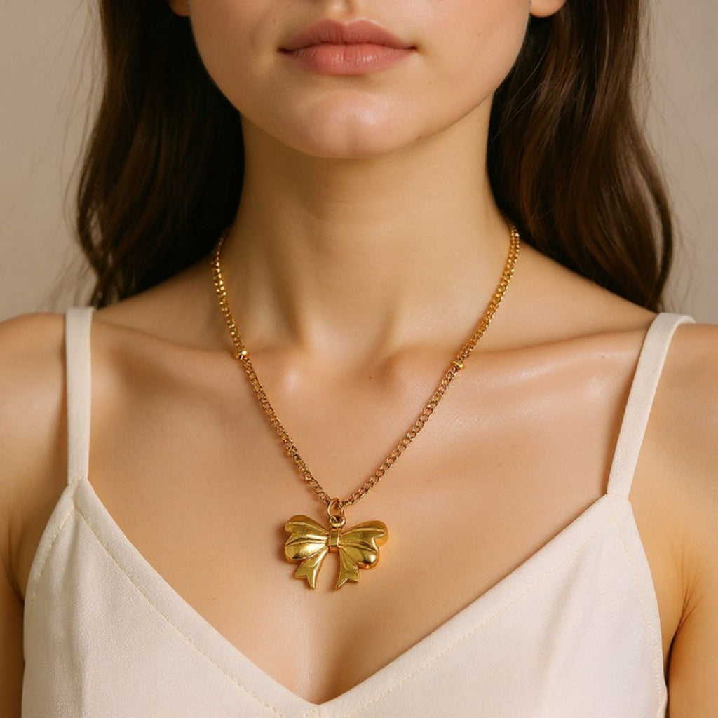 Bow Pendant Necklace with Sculpted Ribbon Charm Minimalist Chain Jewelry