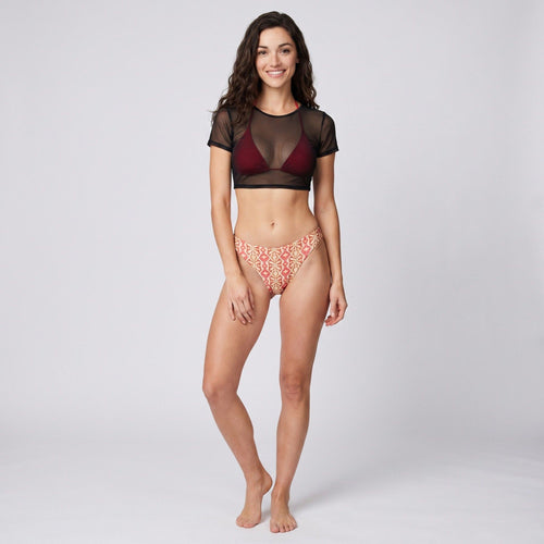 3 Piece Bikini Set with Mesh Crop Top and Printed Bottom
