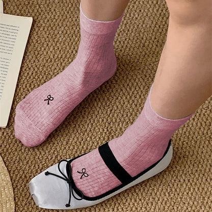 Anna-Kaci Women's Ribbed Ankle Socks with Bow Embroidery 6Pk