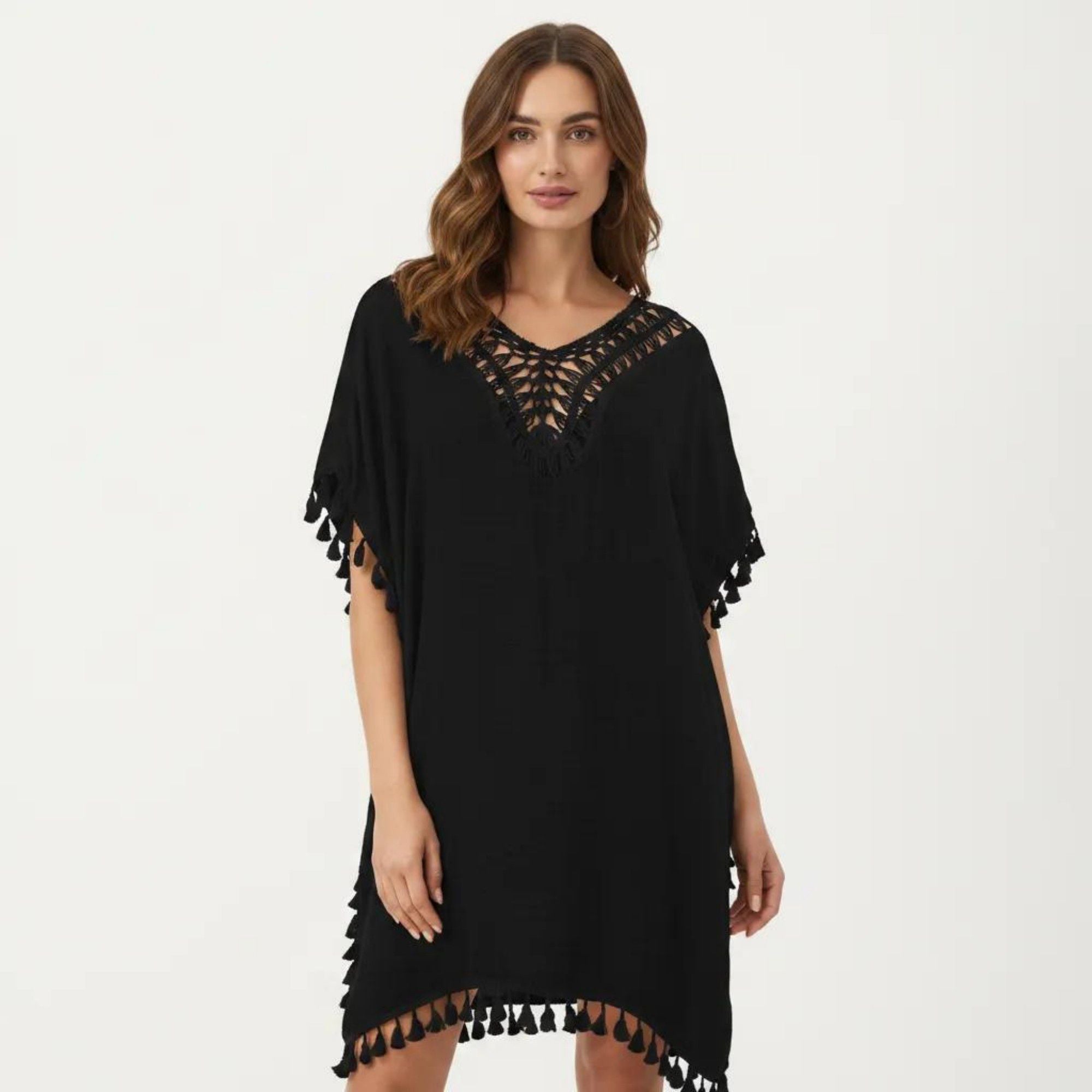 Anna-Kaci Women's Sheer Crochet V Neck Swim Cover Up Poncho with Tassel Trim and Flowy Silhouette