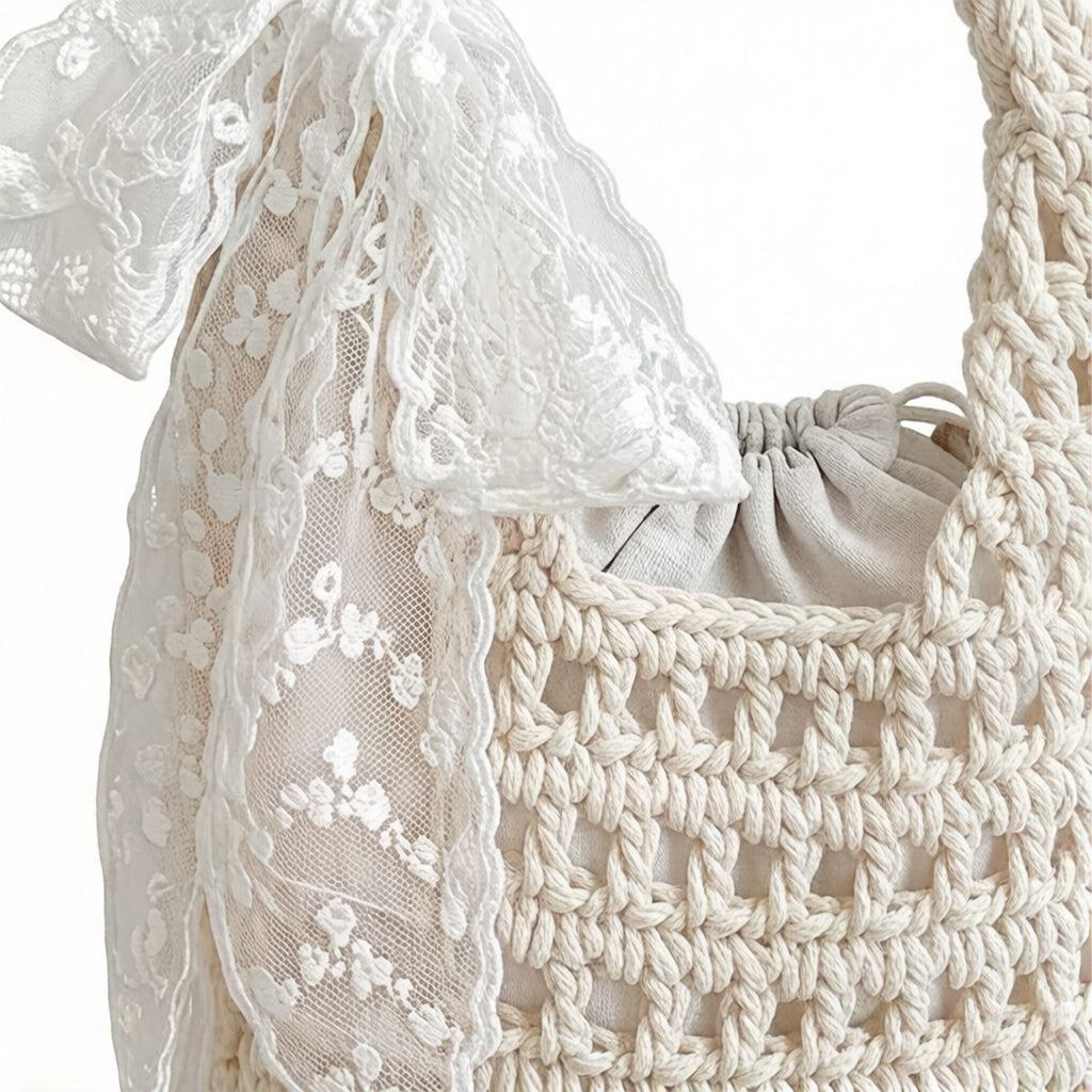 Crochet Shoulder Bag with Lace Bow Detail Knit Bucket Handbag Drawstring Lined Casual Everyday Tote