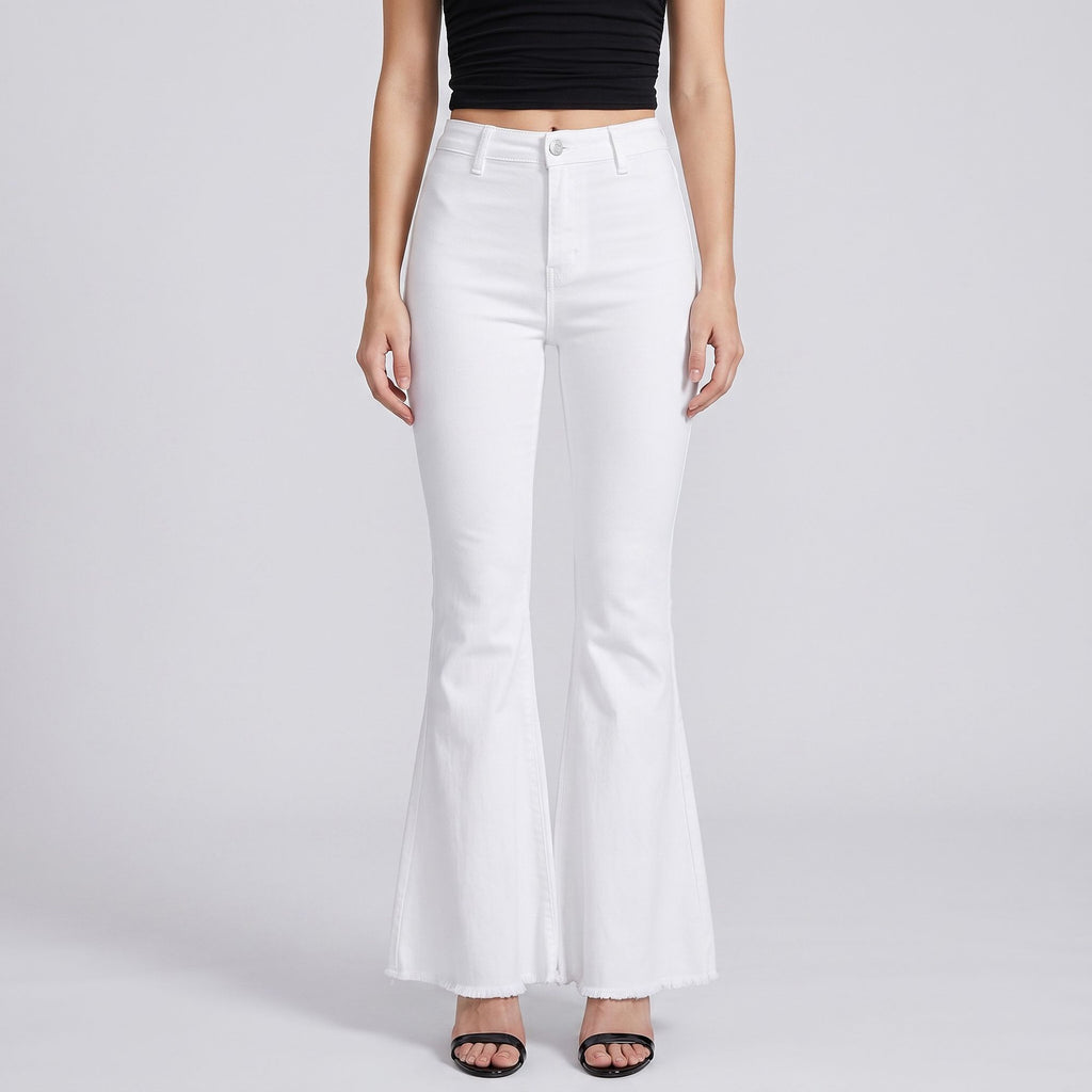 High Rise Flare Pants Button Front Stretch Wide Leg Hem Pants
