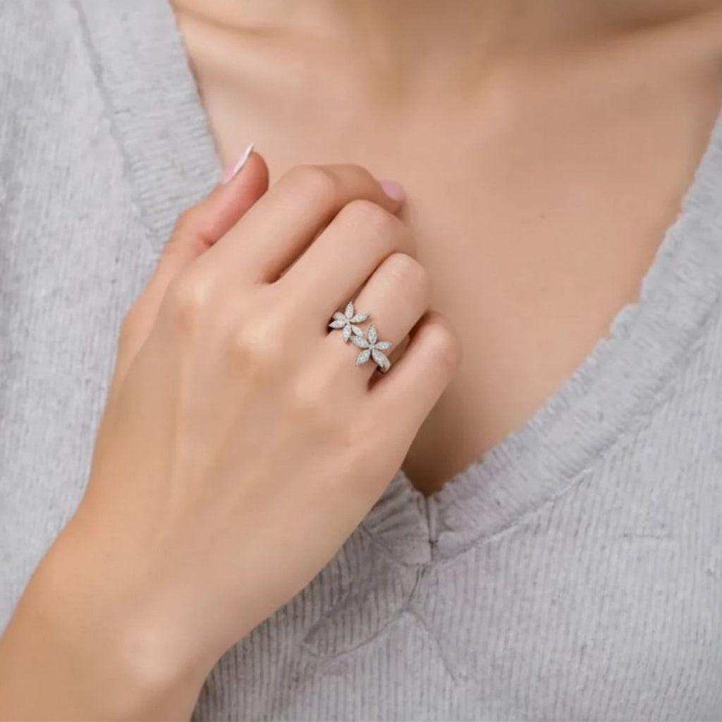 Women's Double Flower Leaf Design Ring with Crystal Detailing