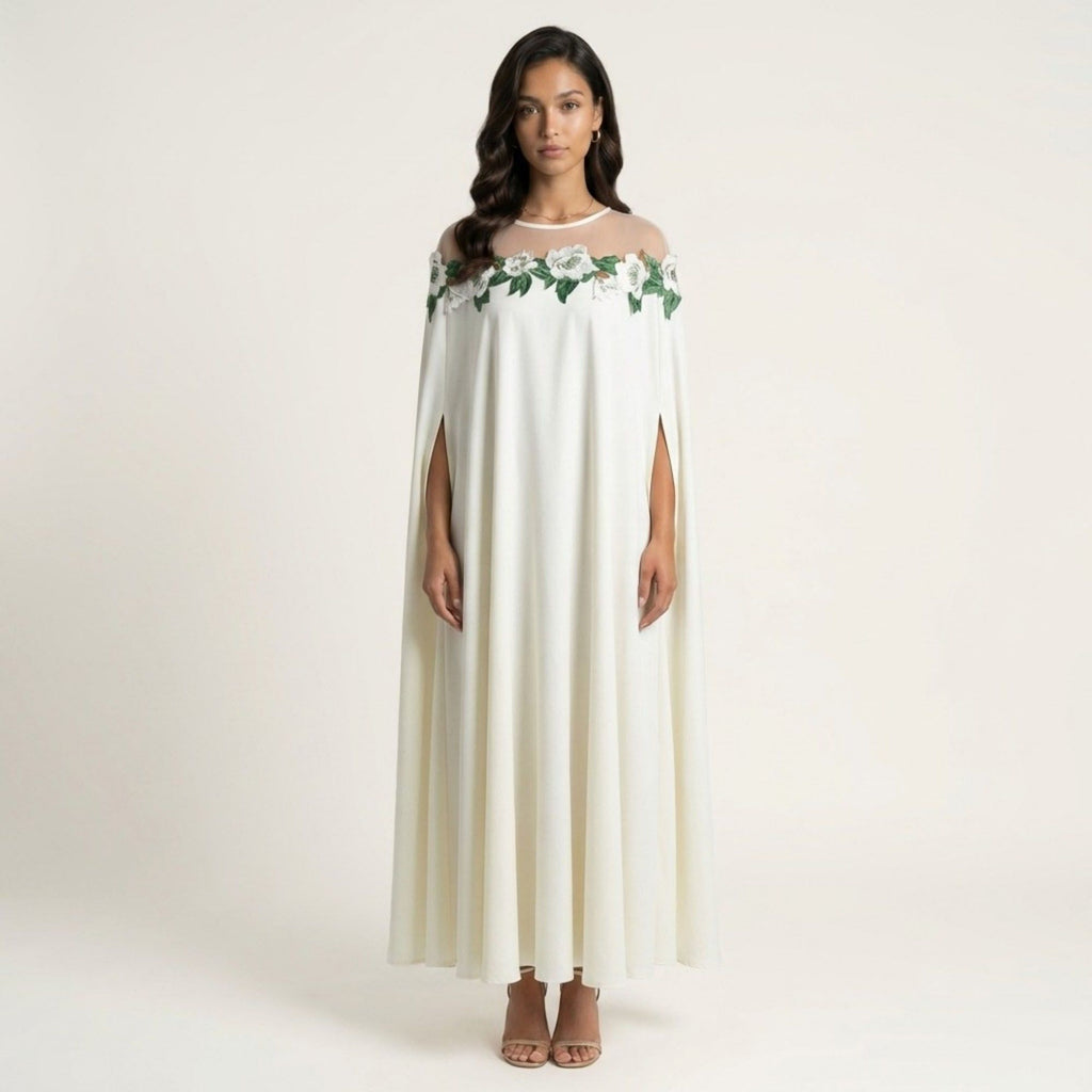 Anna-Kaci Women's Floral Embroidered Cape Maxi Dress Sheer Neckline Loose Fit Flowing Long Dress
