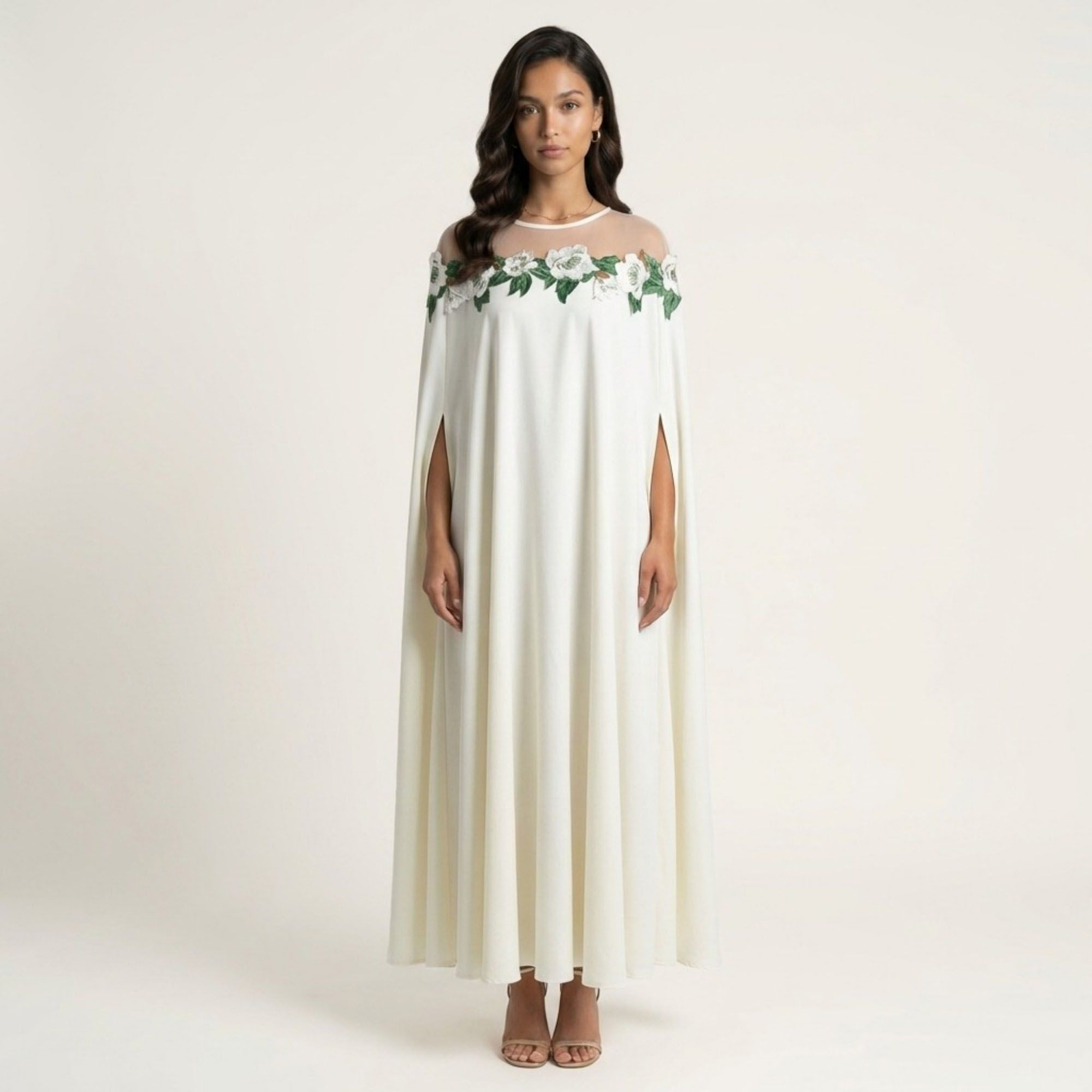Anna-Kaci Women's Floral Embroidered Cape Maxi Dress Sheer Neckline Loose Fit Flowing Long Dress