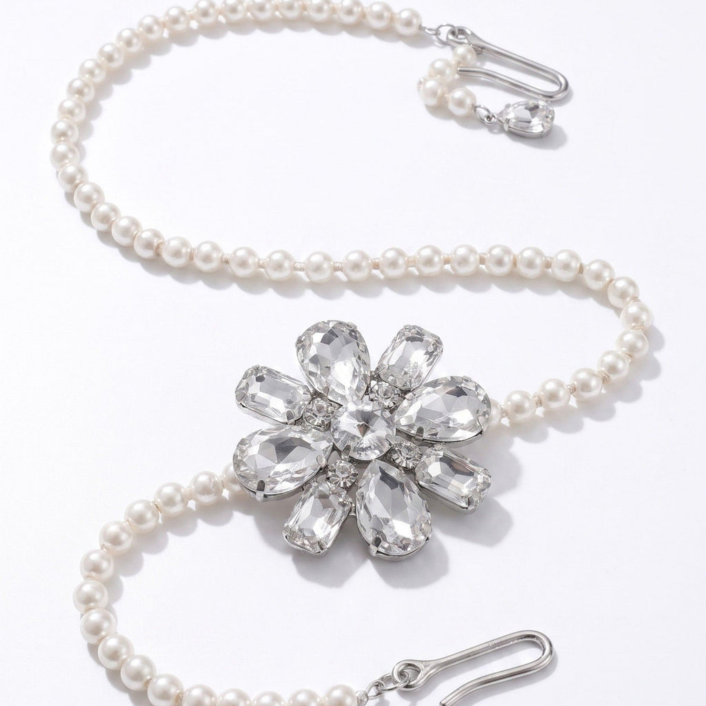Crystal Floral Pearl Waist Chain Adjustable Elegant Body Belt Glam Floral Inspired Waist Jewelry 47.2in