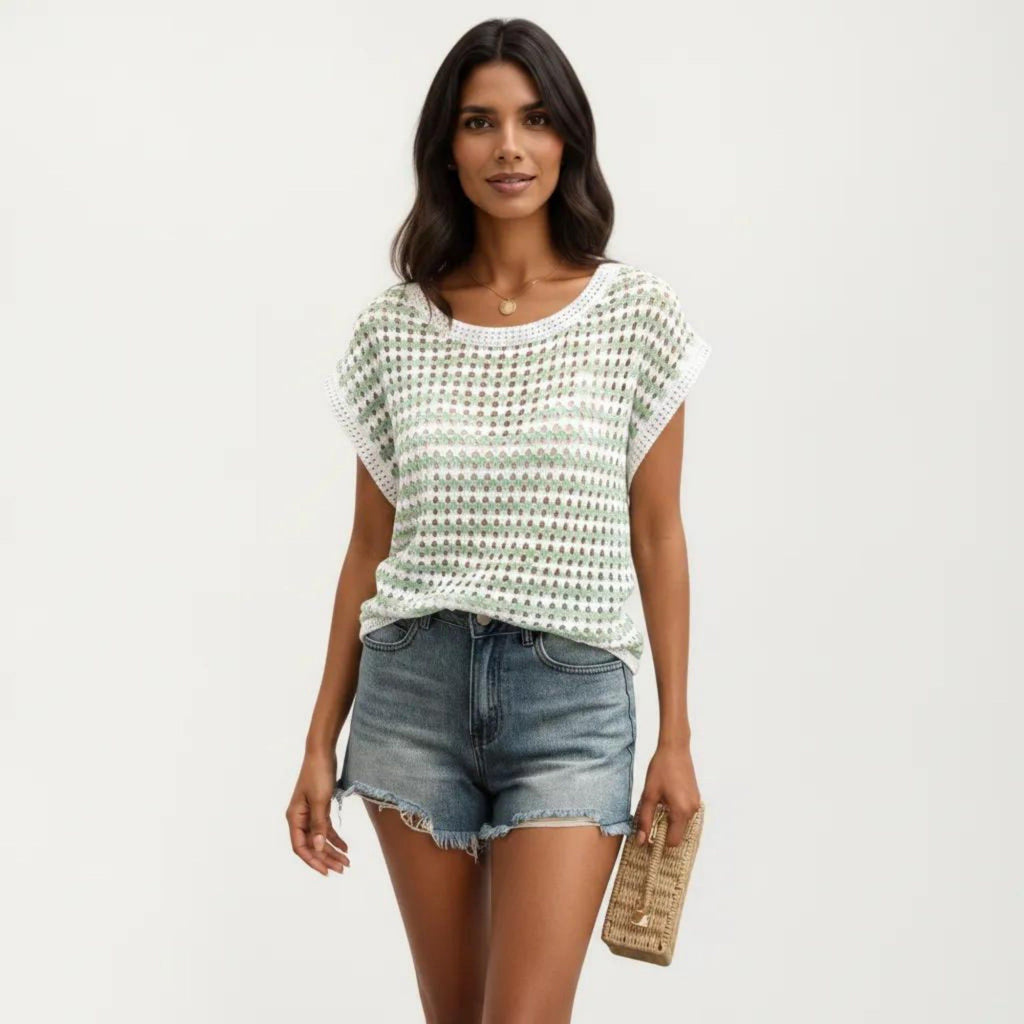Anna-Kaci Women's Short Sleeve Striped Crochet Knit Top with Open Stitch Texture and Relaxed Fit