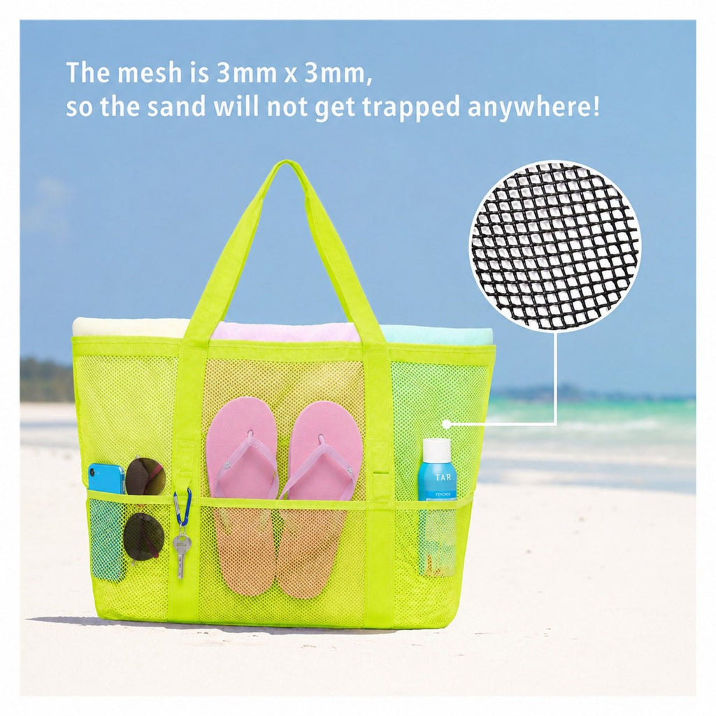 Mesh Beach Tote Bag Large Capacity Travel Shoulder Bag with Exterior Pockets Zipper Top Organizer