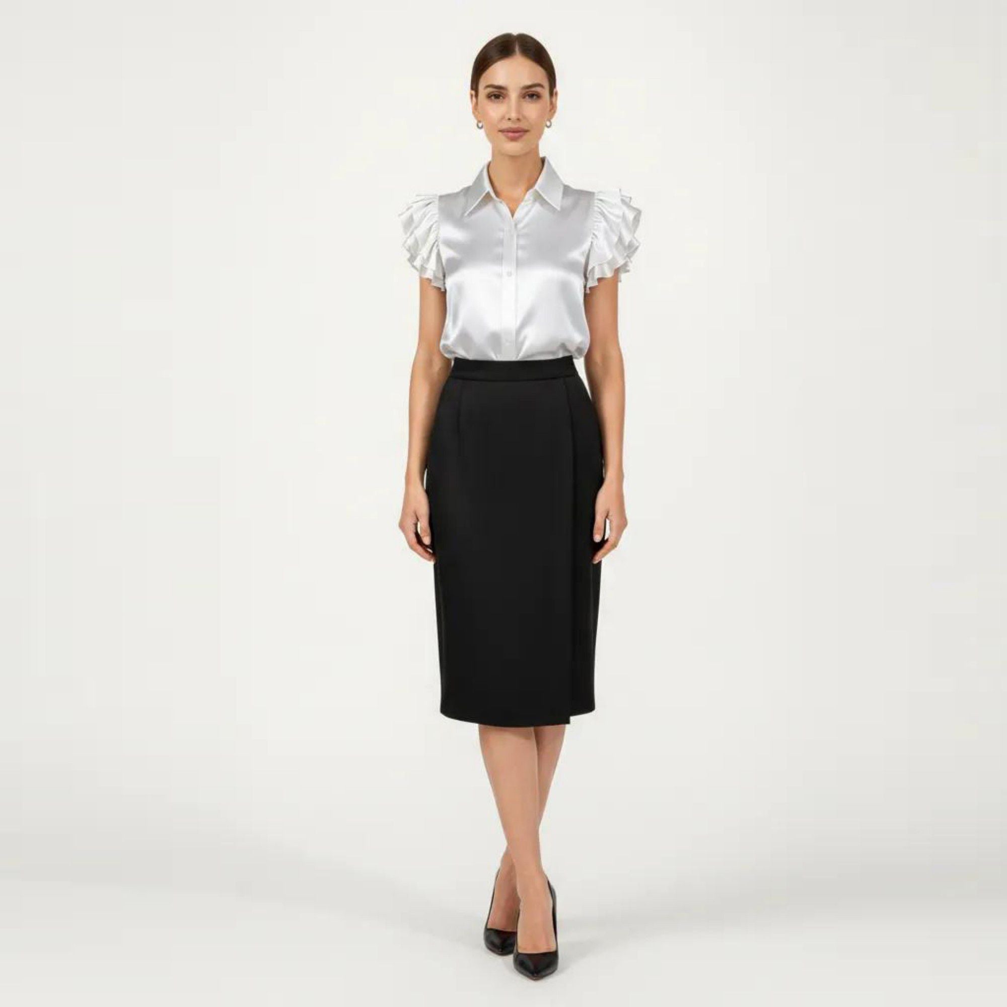 Anna-Kaci Women's Satin Button Down Blouse with Ruffle Sleeves and Collared Neckline