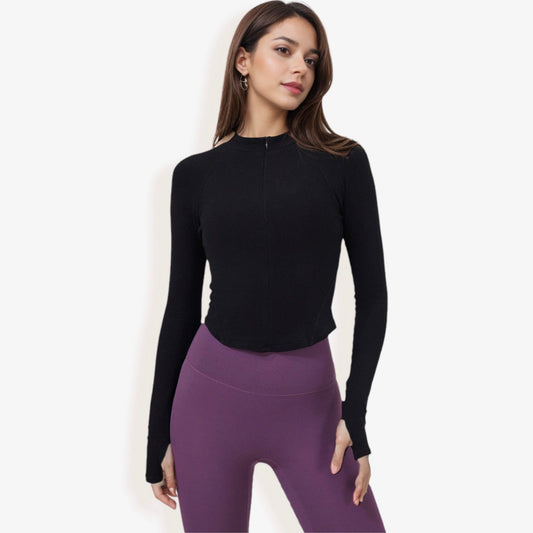 Long Sleeve Zip-Up Fitted Active Top with Thumbholes