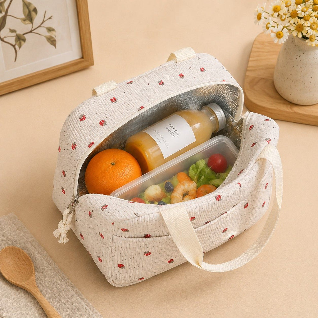 Floral Corduroy Insulated Lunch Tote Bag with Front Pocket and Zip Closure