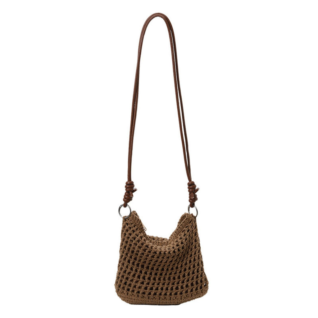 Women's Woven Net Shoulder Bag with Long Strap and Zipper Closure