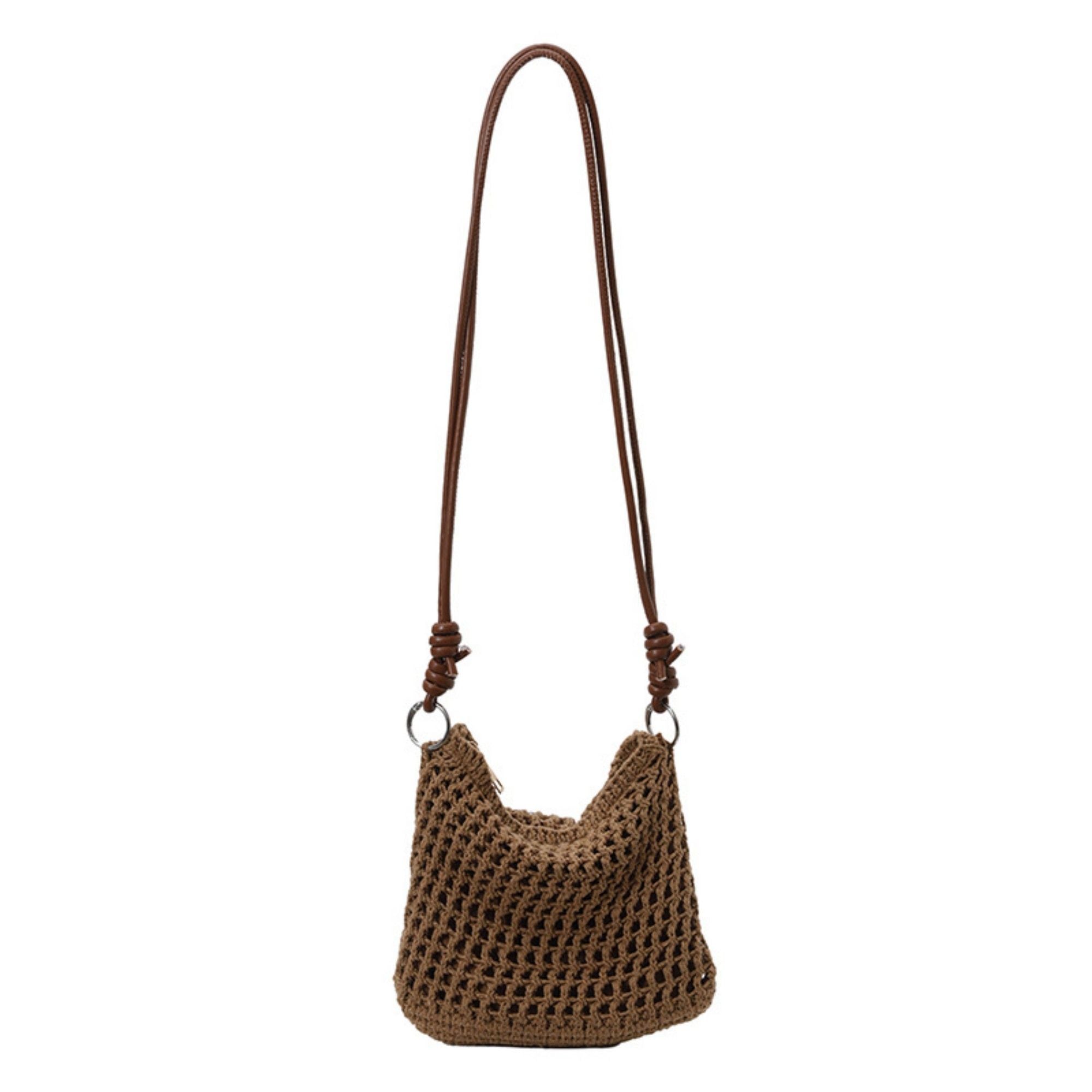 Women's Woven Net Shoulder Bag with Long Strap and Zipper Closure