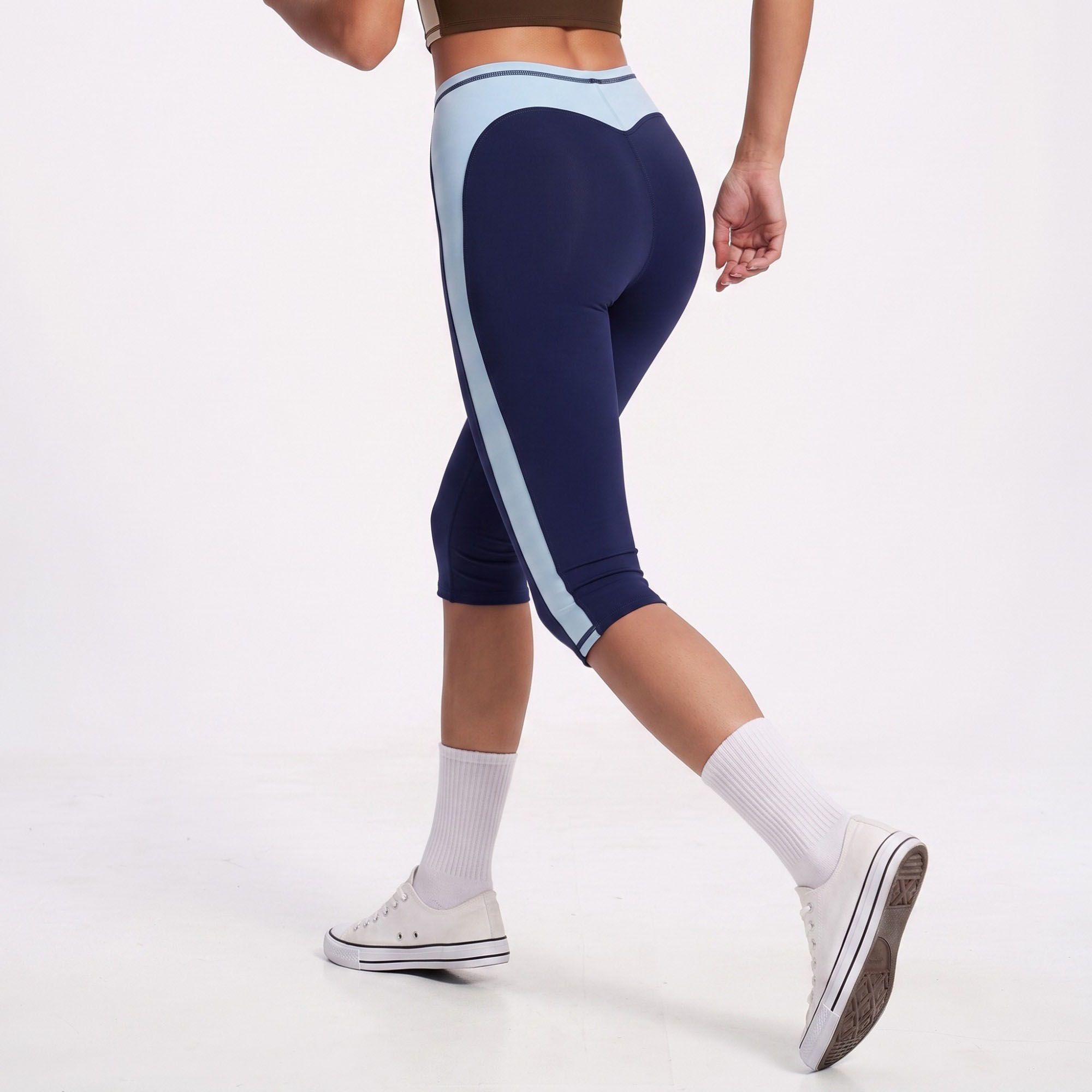 Colorblock High Waist Capri Leggings Fitted Cropped Yoga Pants for Running Gym Training