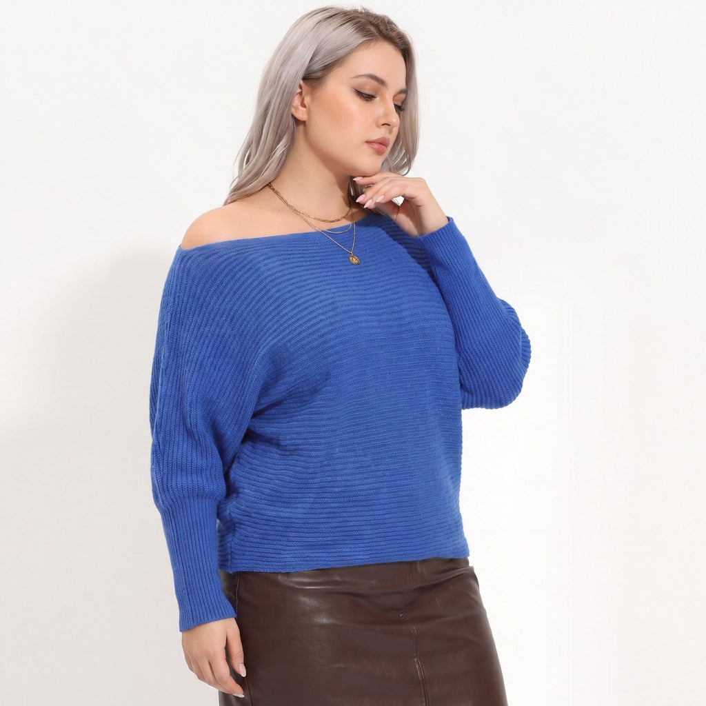 Plus Size Boat Neck Dolman Sleeve Pullover Sweater