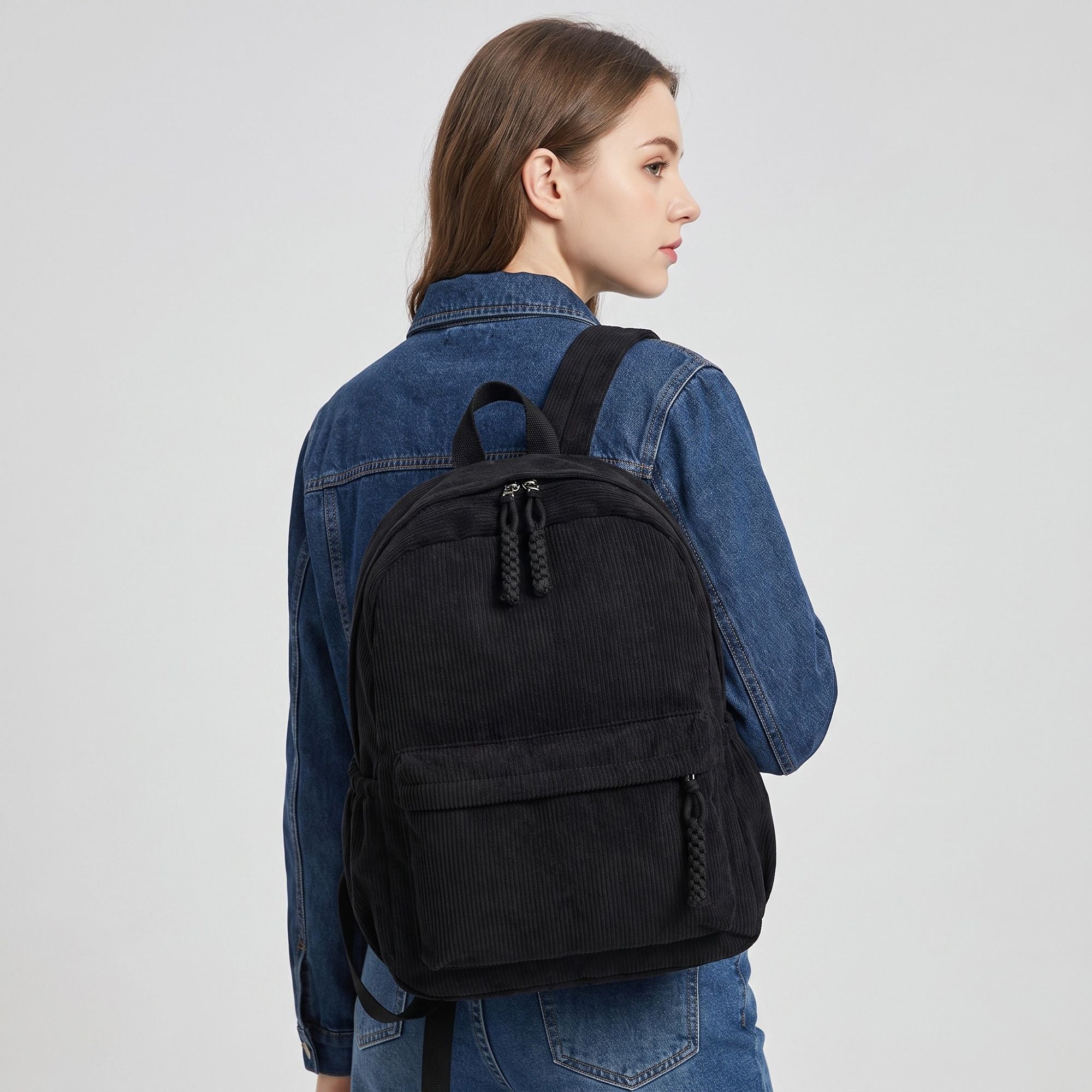 Corduroy Backpack with Front Zip Pocket Adjustable Straps and Spacious Everyday Storage