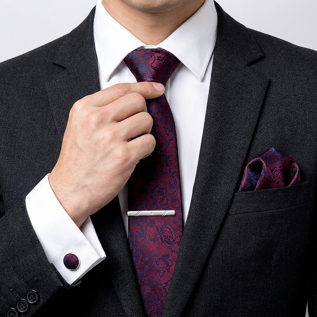 Men's Rose Floral Tie Gift Set with Matching Pocket Square Cufflinks and Silver Tie Clip