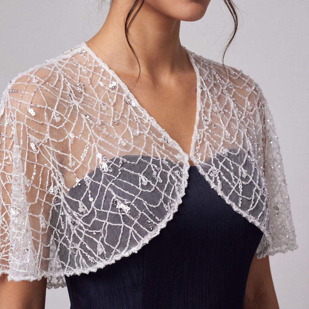 Sheer Sequin Embroidered Mesh Capelet Shrug with Scalloped Edge and Draped Short Sleeves