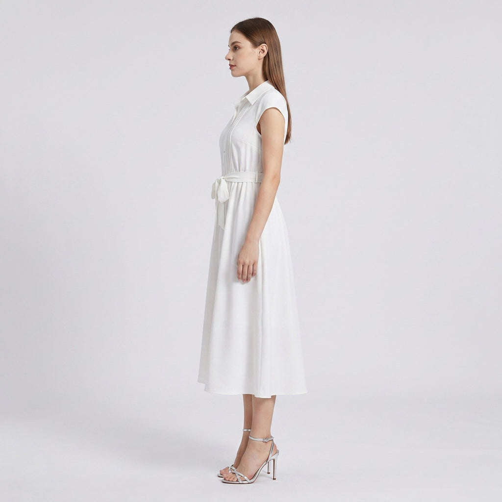 Collared Button Front Cap Sleeve Midi Shirt Dress with Pintuck Bodice Tie Waist and Flowy A Line Skirt