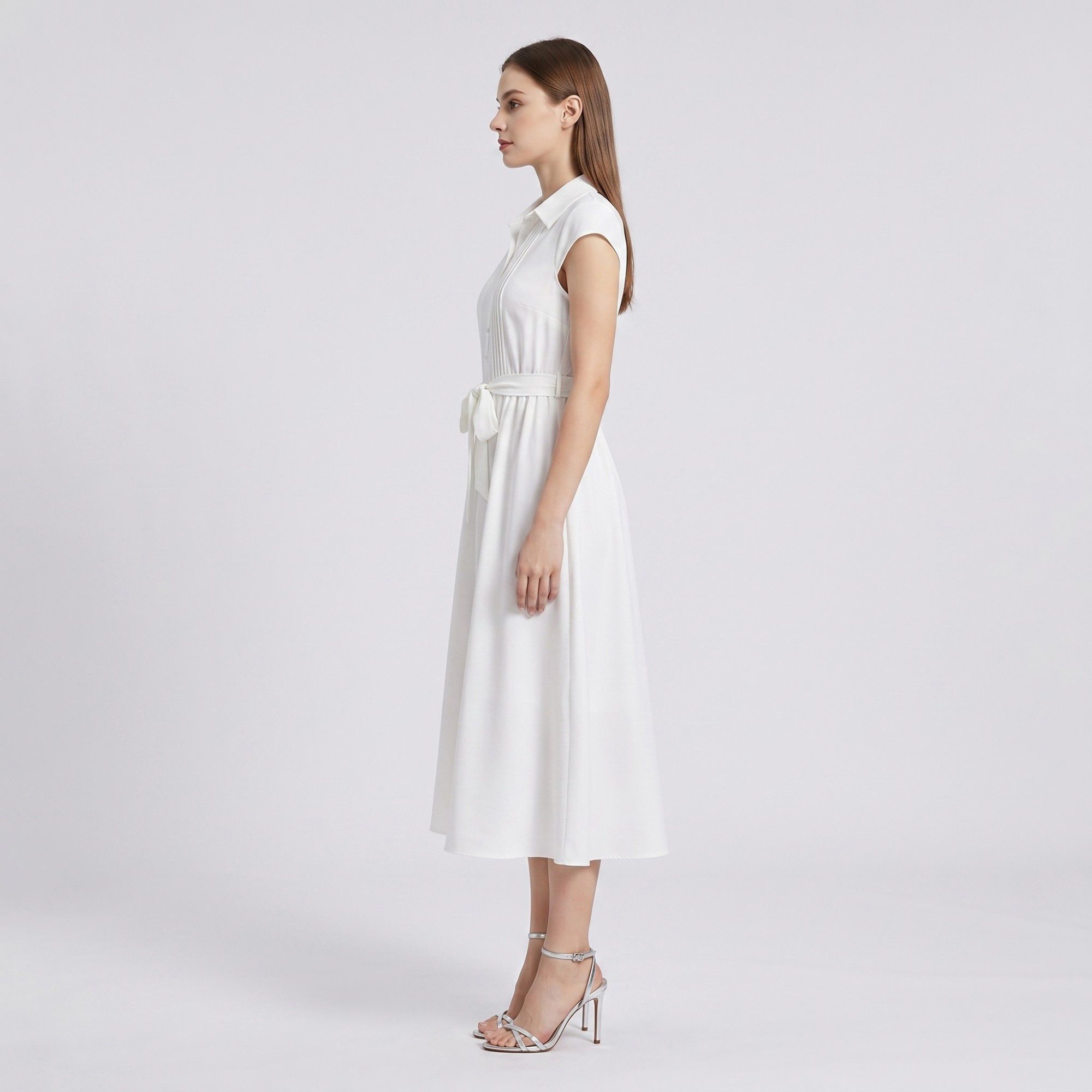 Collared Button Front Cap Sleeve Midi Shirt Dress with Pintuck Bodice Tie Waist and Flowy A Line Skirt