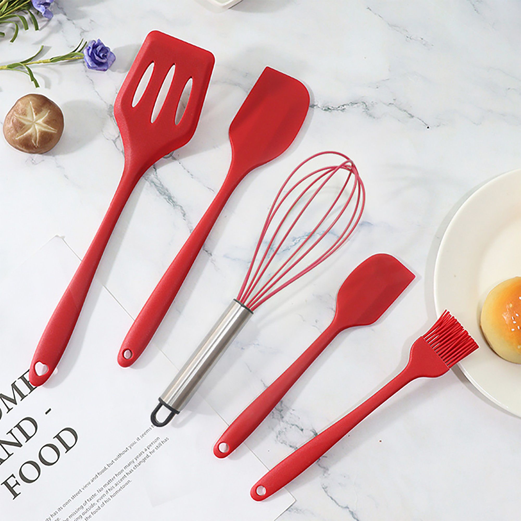 5-Piece Silicone Kitchen Utensil Set with Spatulas, Whisk and Pastry Brush